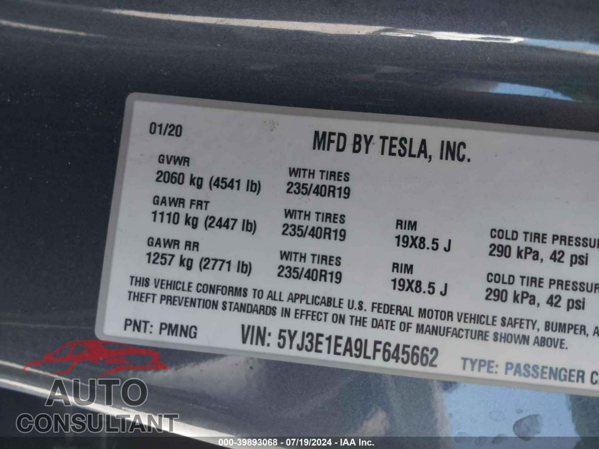 TESLA MODEL 3 2020 - 5YJ3E1EA9LF645662