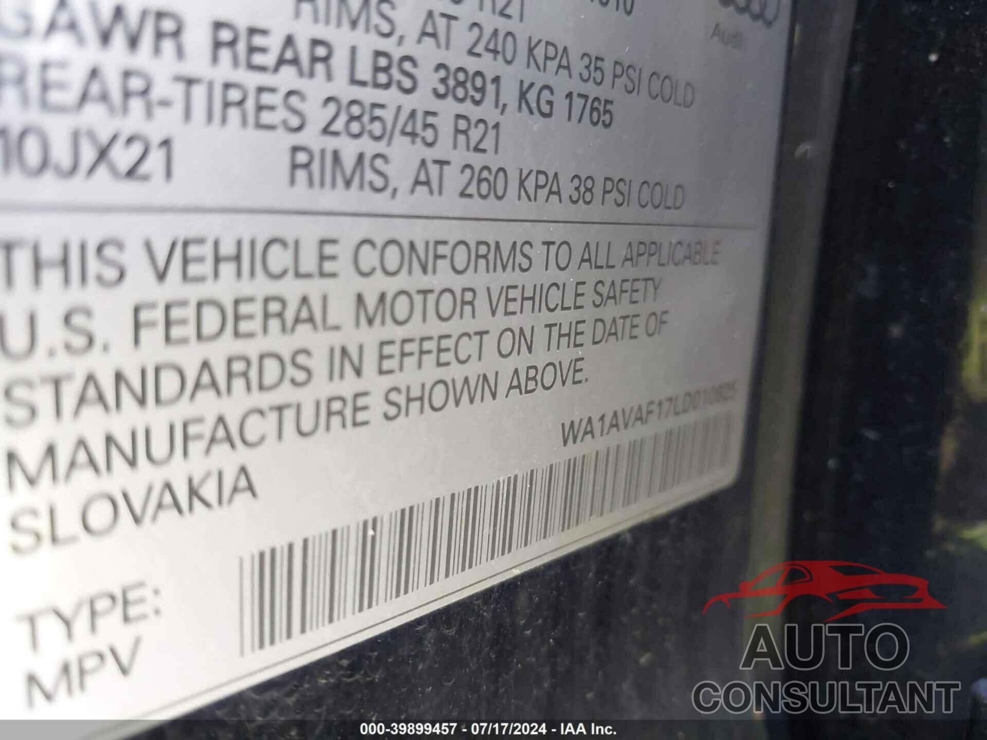 AUDI Q8 2020 - WA1AVAF17LD010625