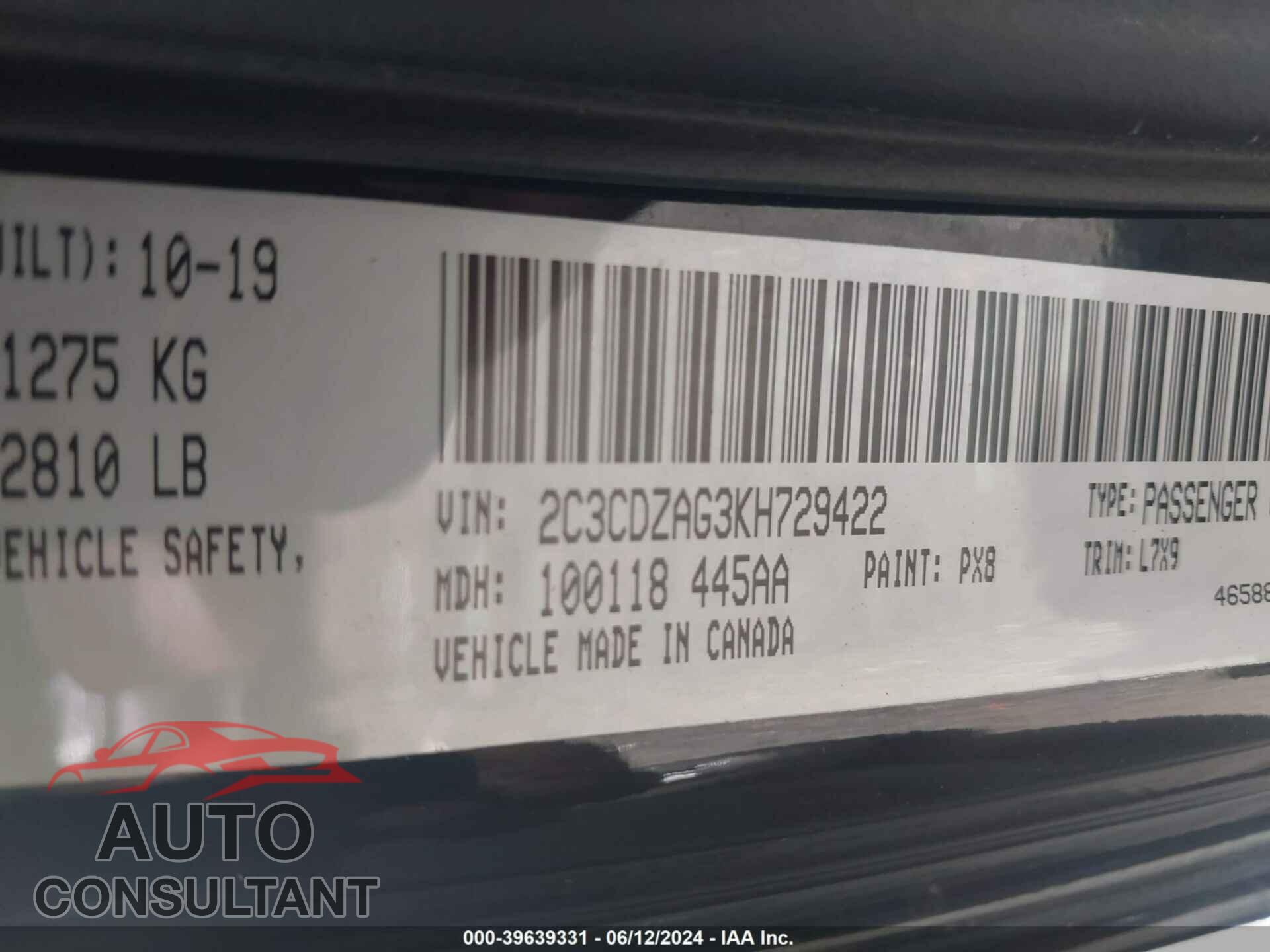 DODGE CHALLENGER 2019 - 2C3CDZAG3KH729422