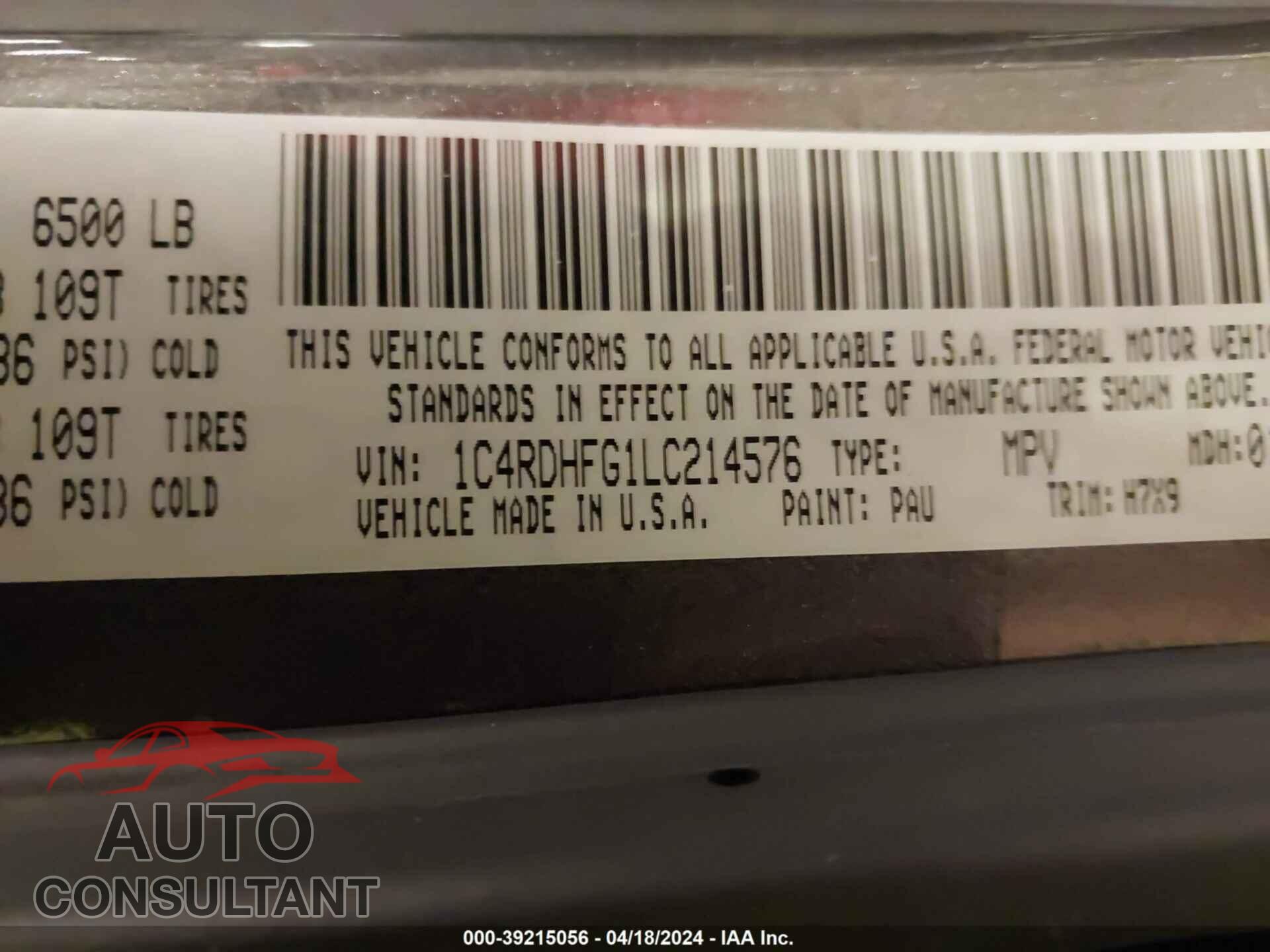 DODGE DURANGO 2020 - 1C4RDHFG1LC214576