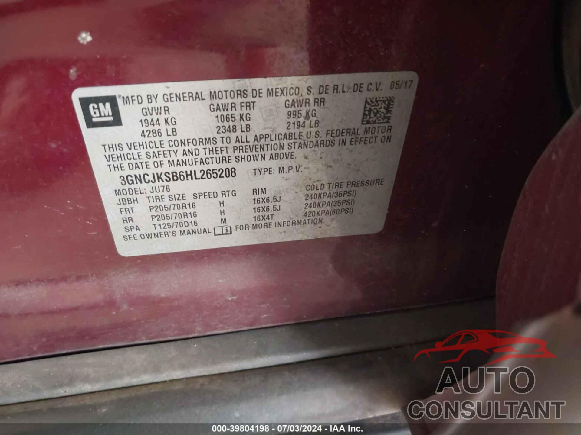 CHEVROLET TRAX 2017 - 3GNCJKSB6HL265208