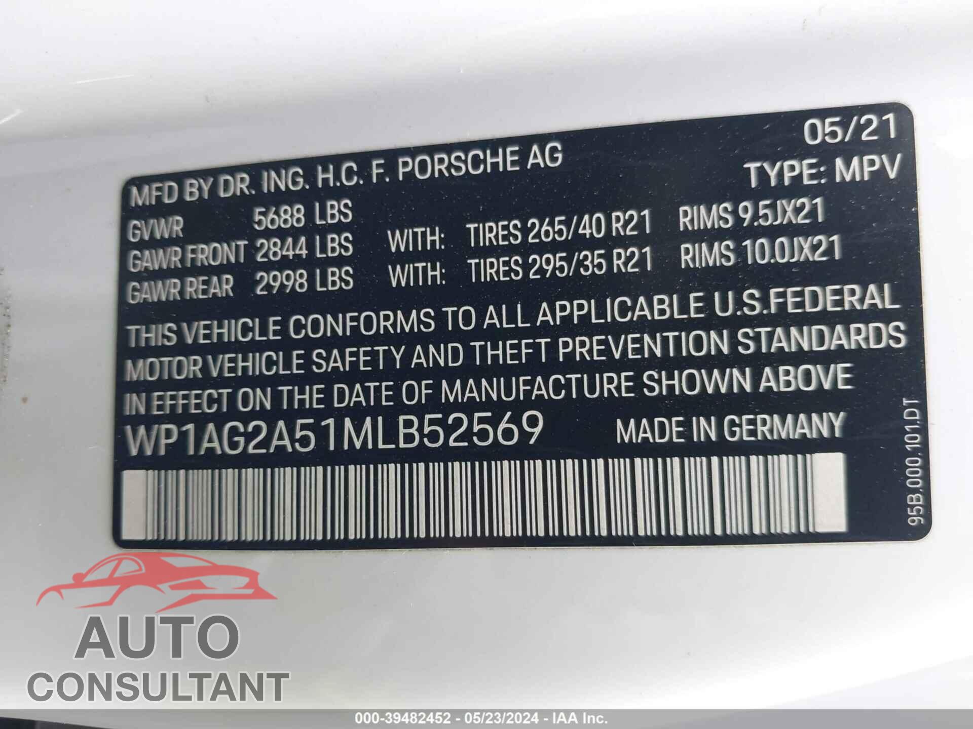 PORSCHE MACAN 2021 - WP1AG2A51MLB52569