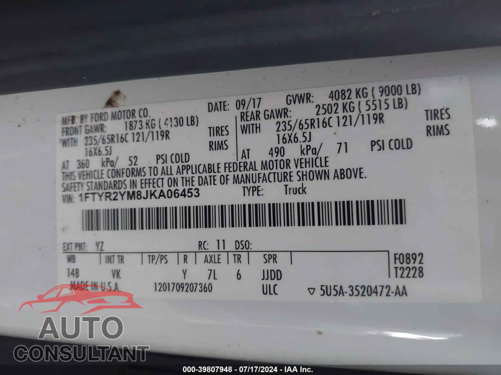 FORD TRANSIT 2018 - 1FTYR2YM8JKA06453