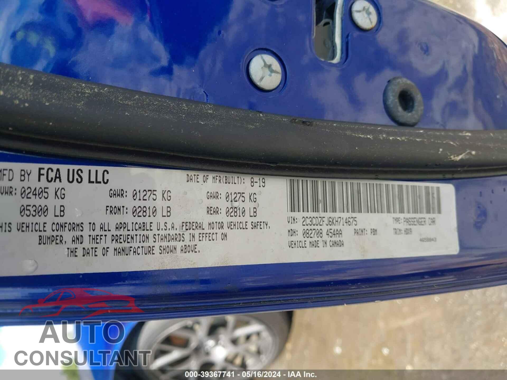 DODGE CHALLENGER 2019 - 2C3CDZFJ6KH714675