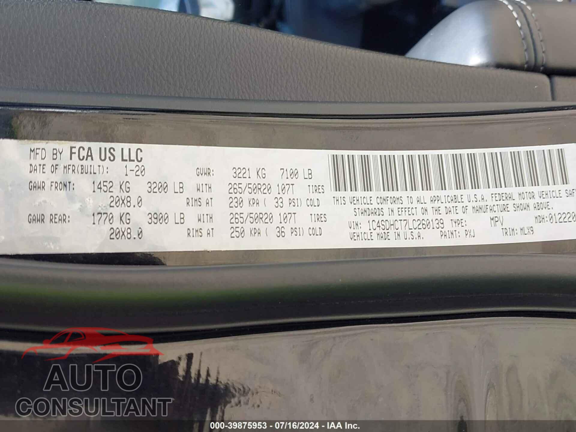 DODGE DURANGO 2020 - 1C4SDHCT7LC260139