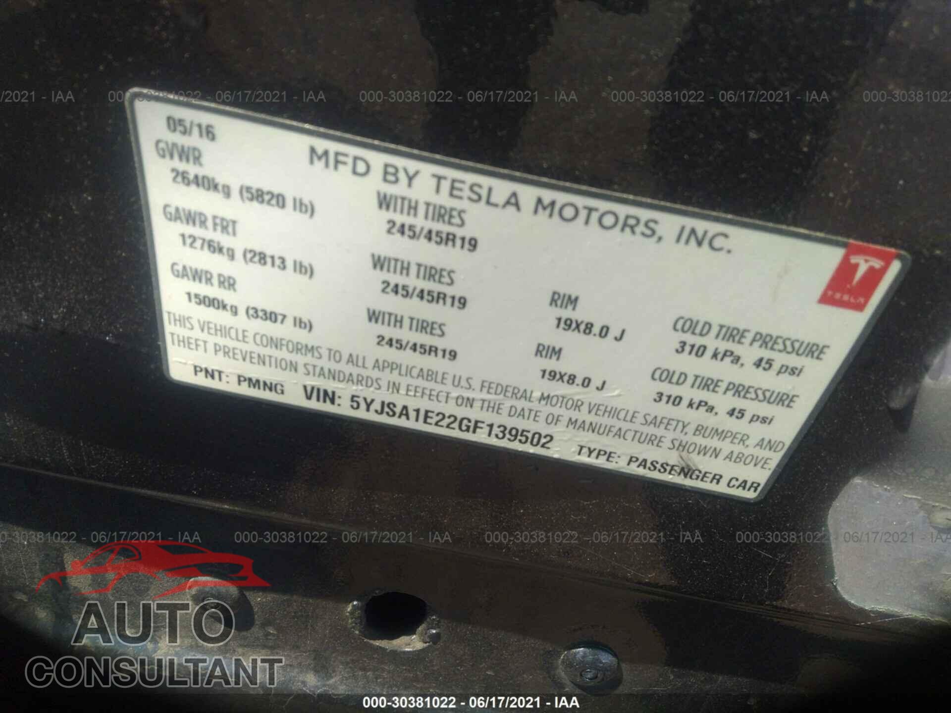 TESLA MODEL S 2016 - 5YJSA1E22GF139502