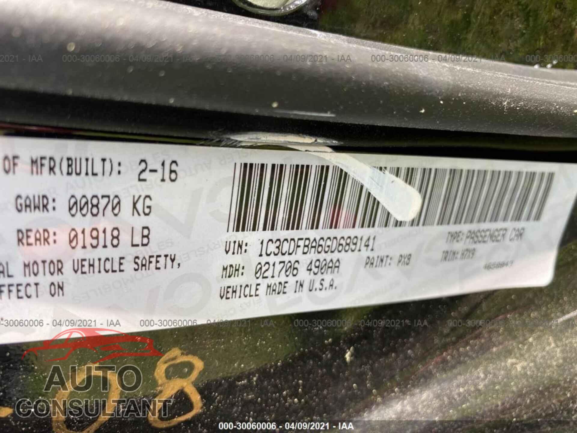 DODGE DART 2016 - 1C3CDFBA6GD689141