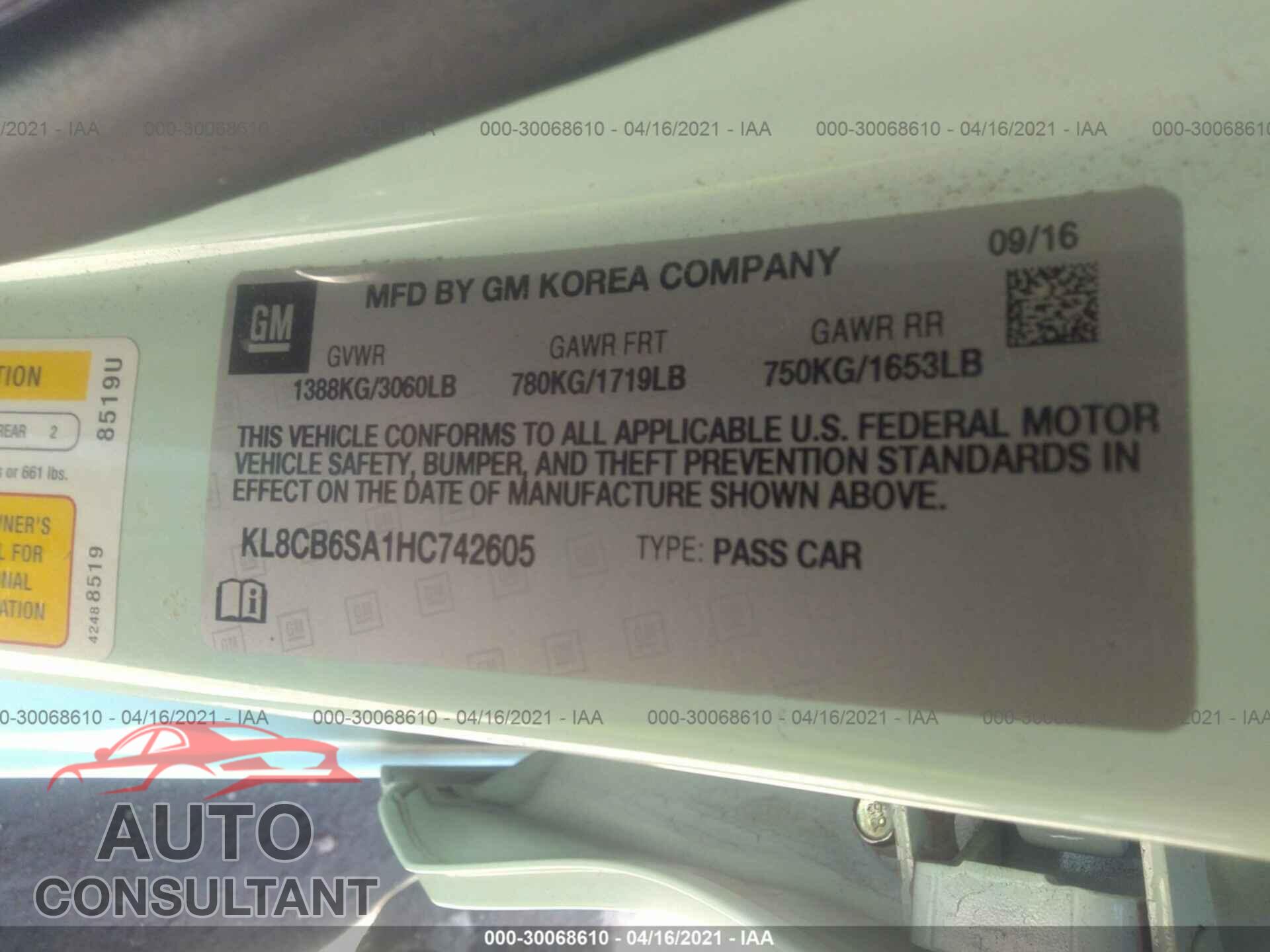 CHEVROLET SPARK 2017 - KL8CB6SA1HC742605