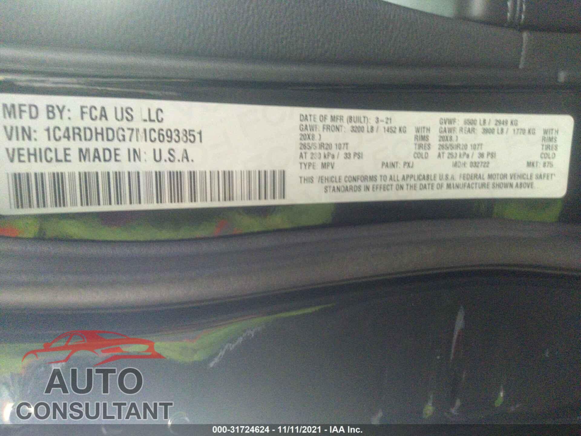 DODGE DURANGO 2021 - 1C4RDHDG7MC693851