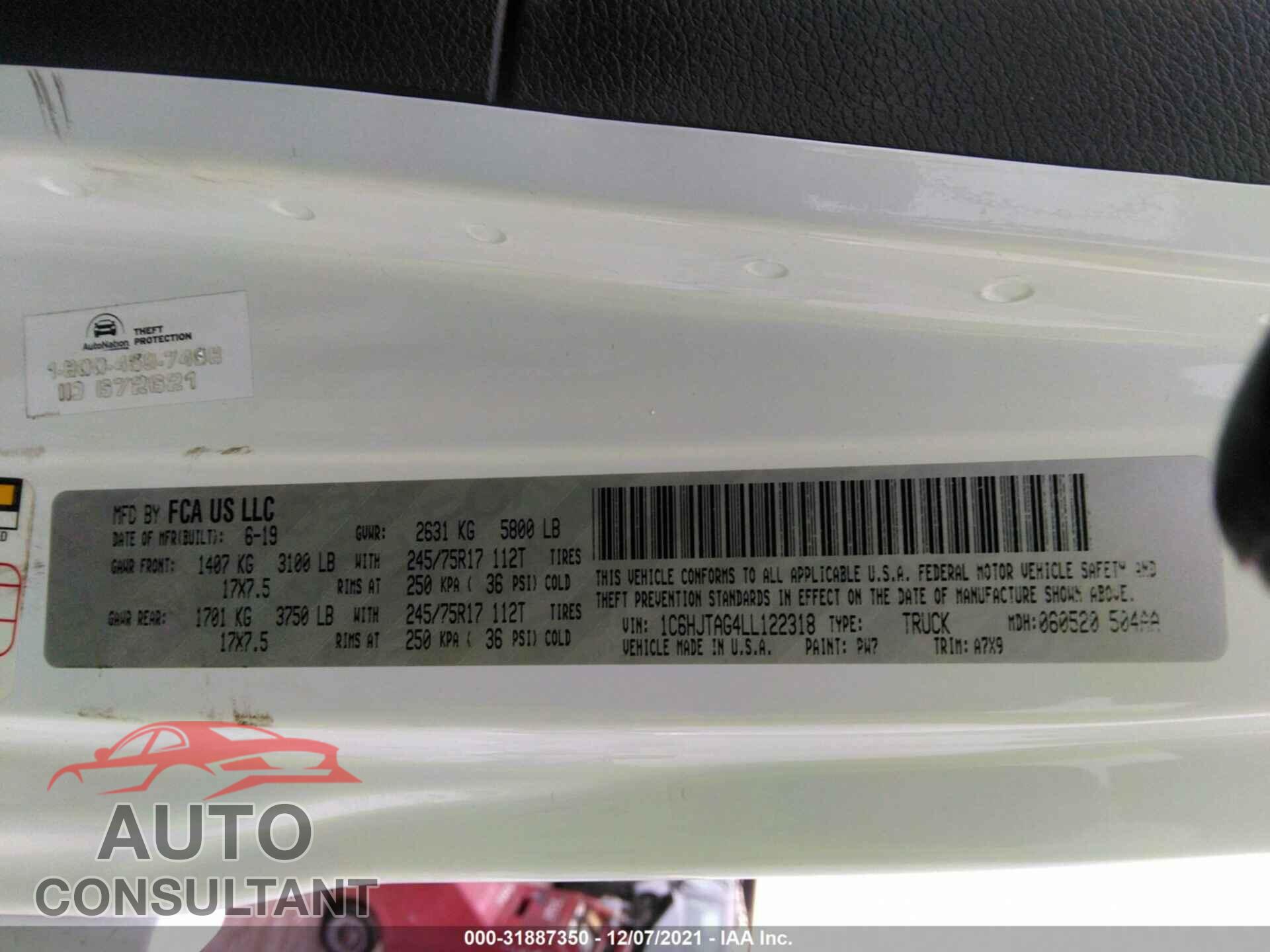 JEEP GLADIATOR 2020 - 1C6HJTAG4LL122318