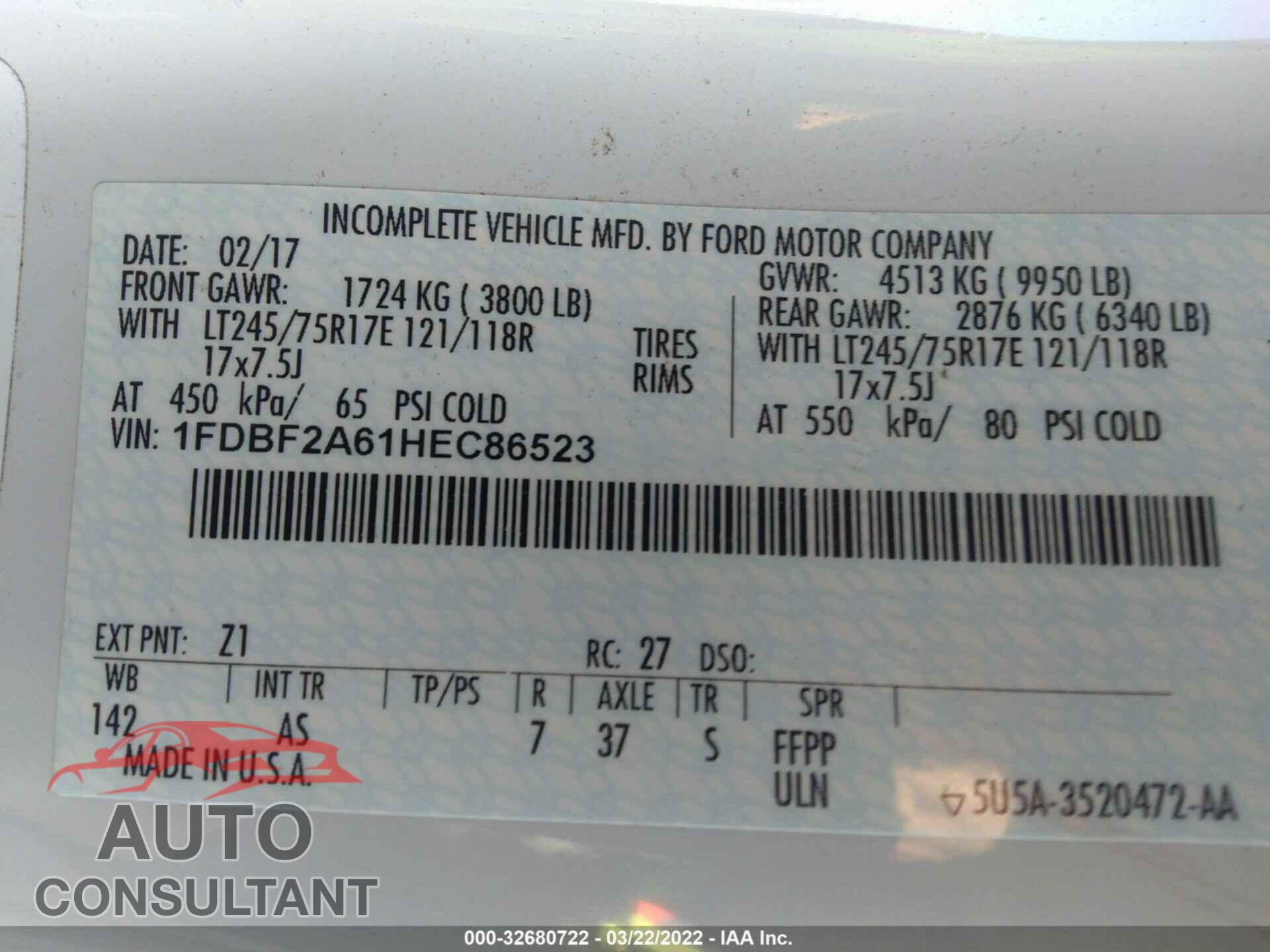 FORD SUPER DUTY F-250 SRW 2017 - 1FDBF2A61HEC86523