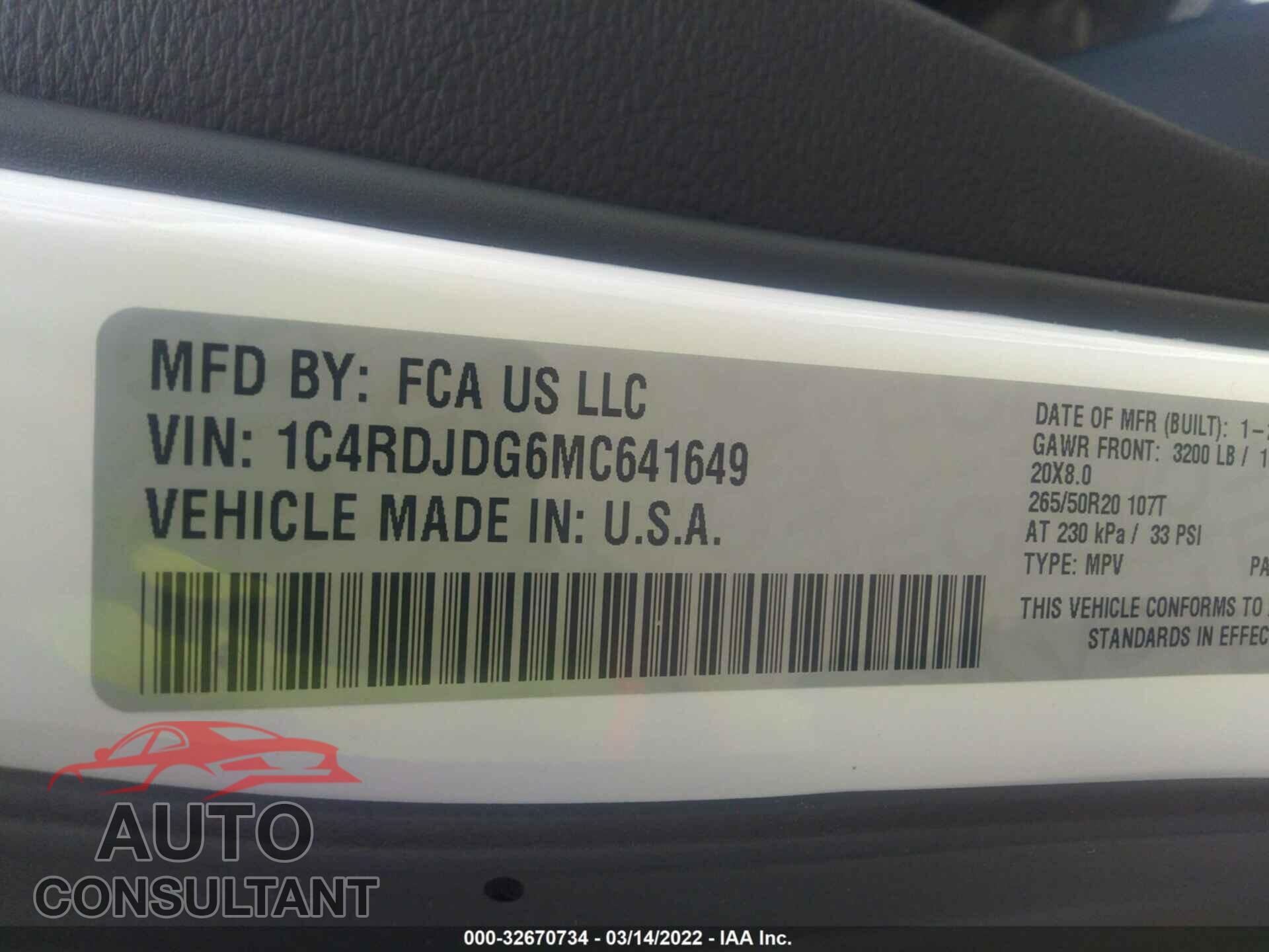 DODGE DURANGO 2021 - 1C4RDJDG6MC641649