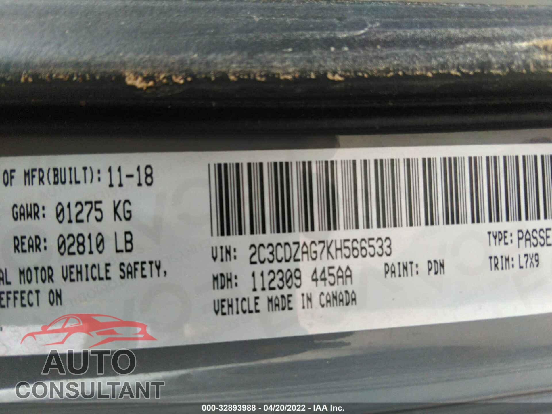DODGE CHALLENGER 2019 - 2C3CDZAG7KH566533
