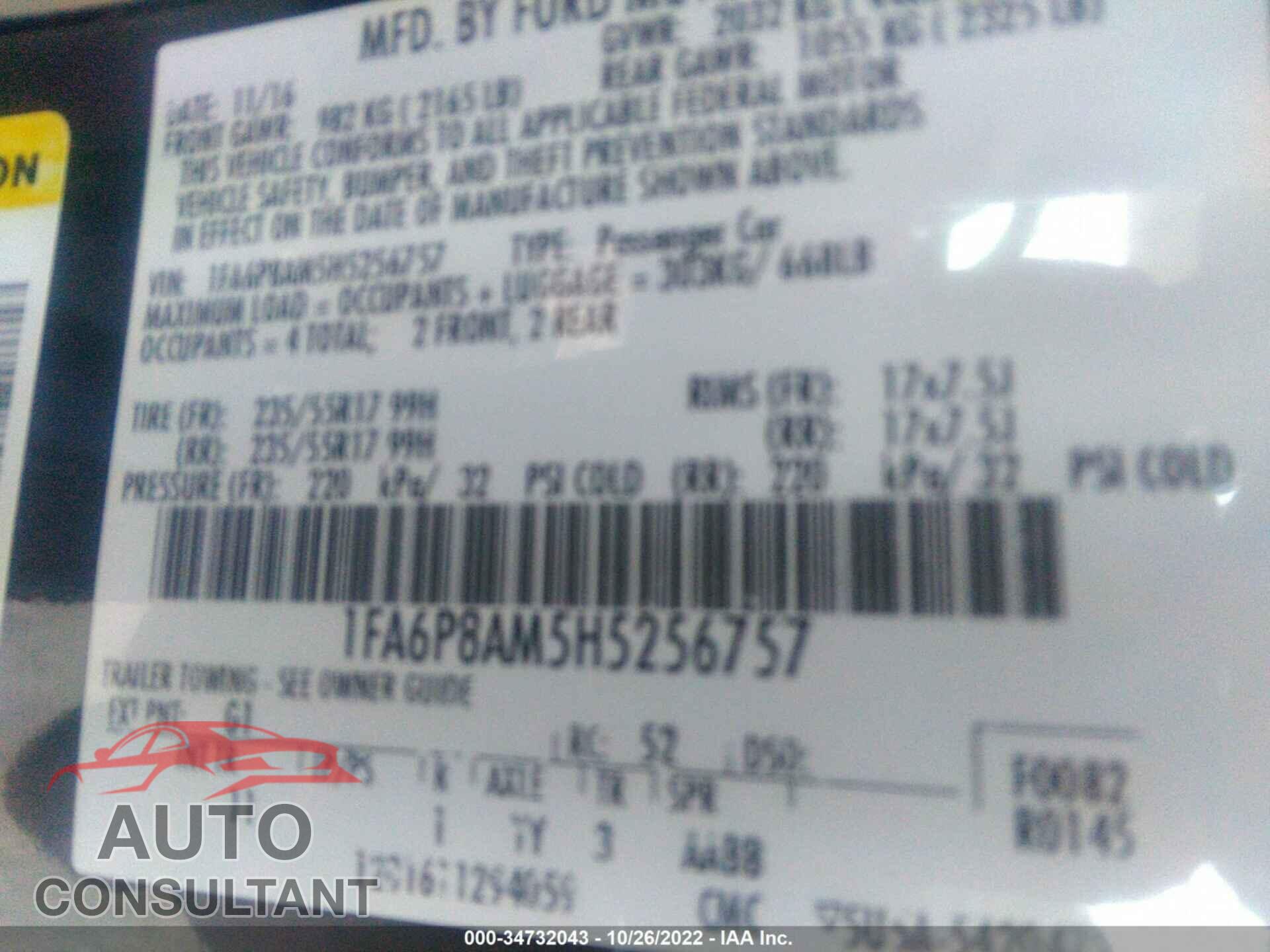 FORD MUSTANG 2017 - 1FA6P8AM5H5256757
