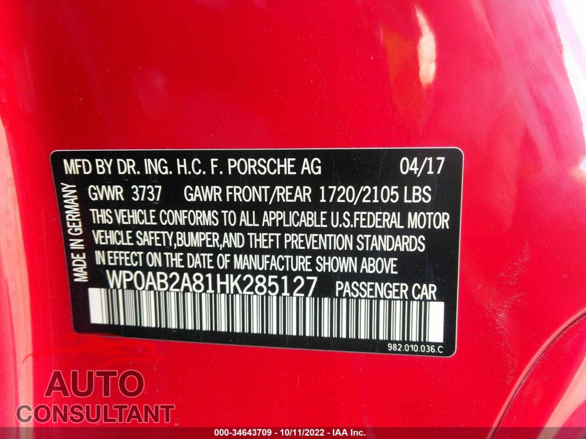 PORSCHE 718 CAYMAN 2017 - WP0AB2A81HK285127