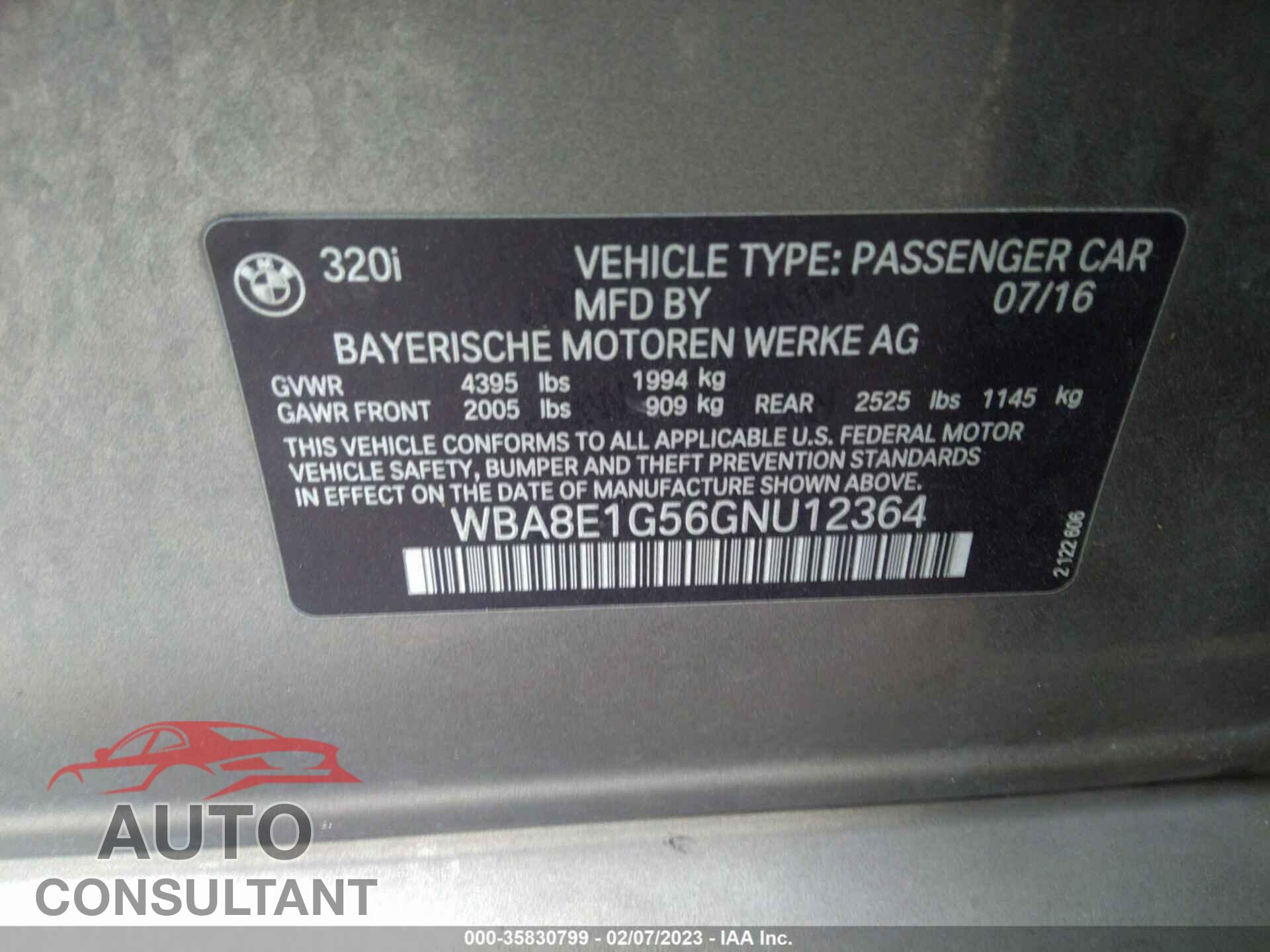 BMW 3 SERIES 2016 - WBA8E1G56GNU12364