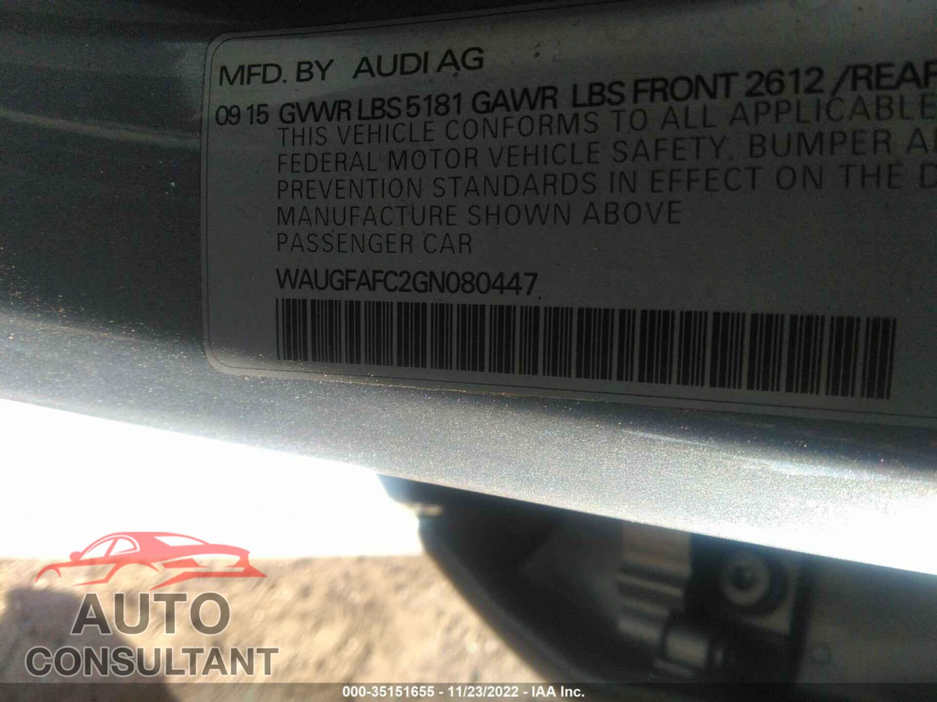 AUDI A6 2016 - WAUGFAFC2GN080447