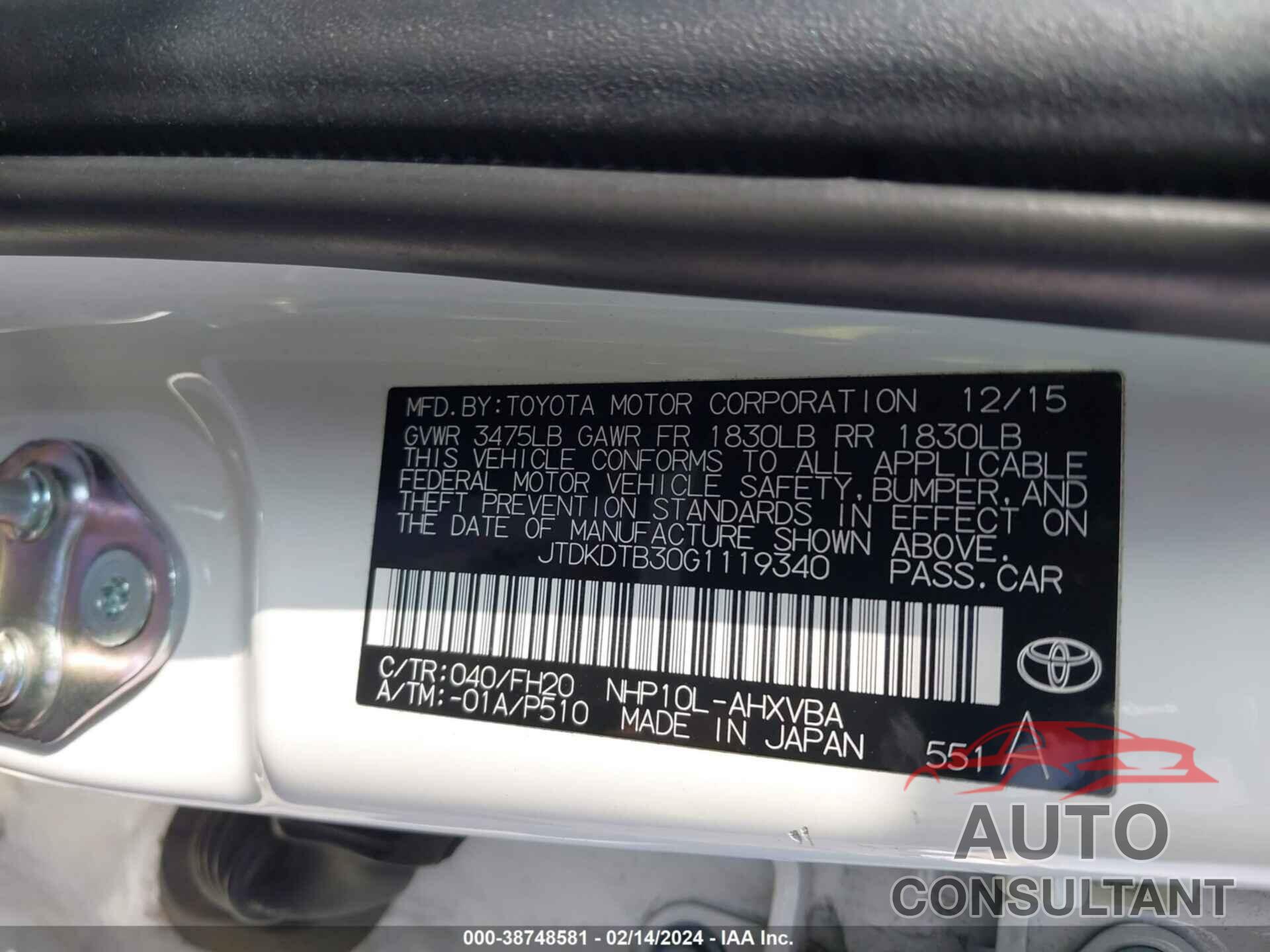 TOYOTA PRIUS C 2016 - JTDKDTB30G1119340