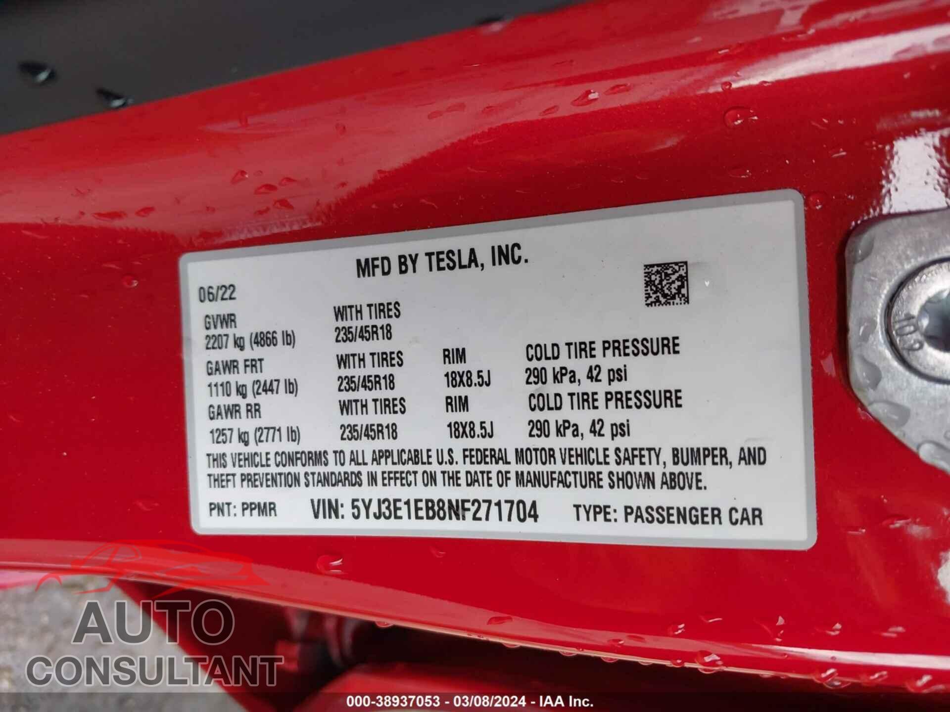 TESLA MODEL 3 2022 - 5YJ3E1EB8NF271704