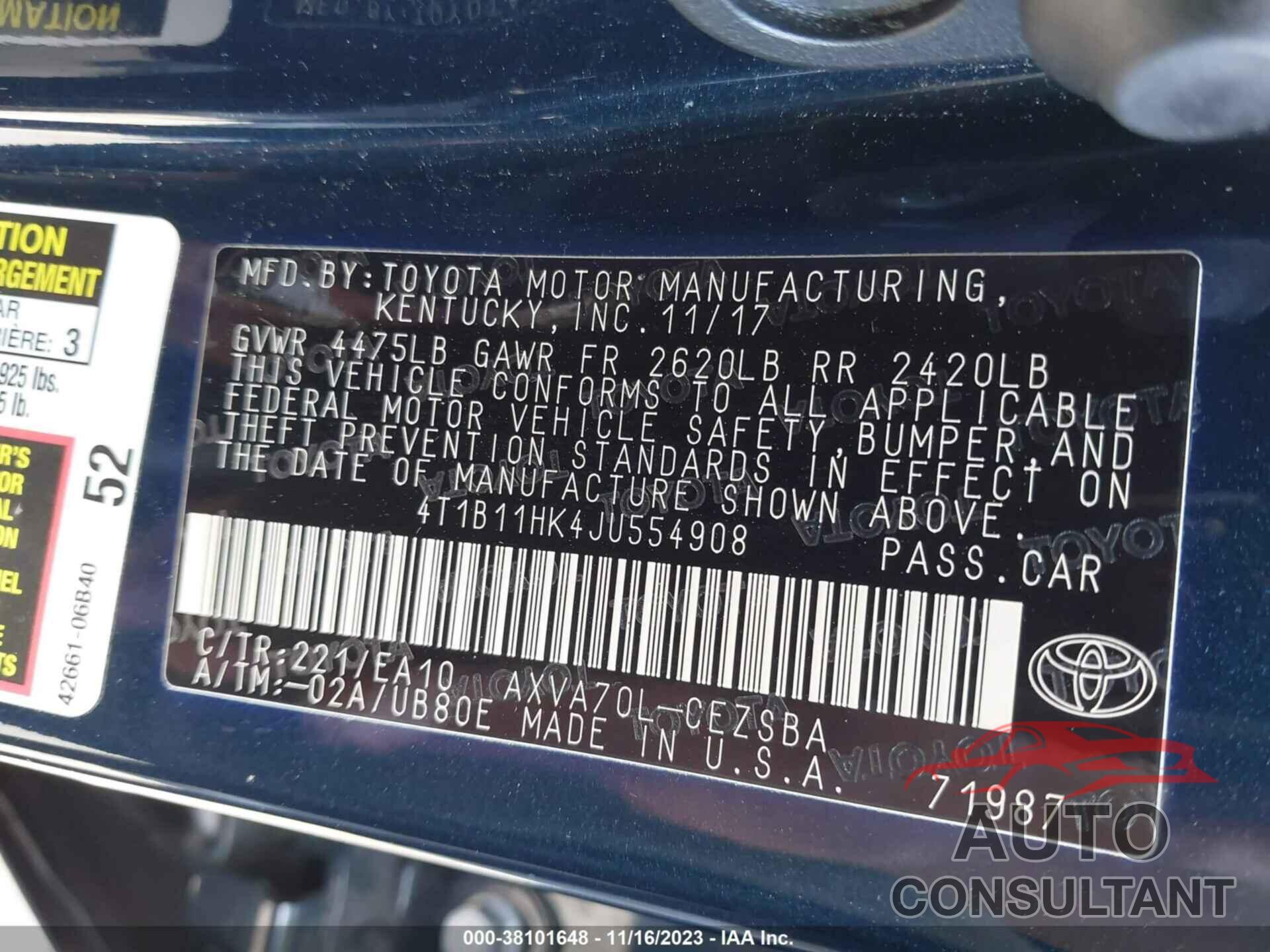 TOYOTA CAMRY 2018 - 4T1B11HK4JU554908