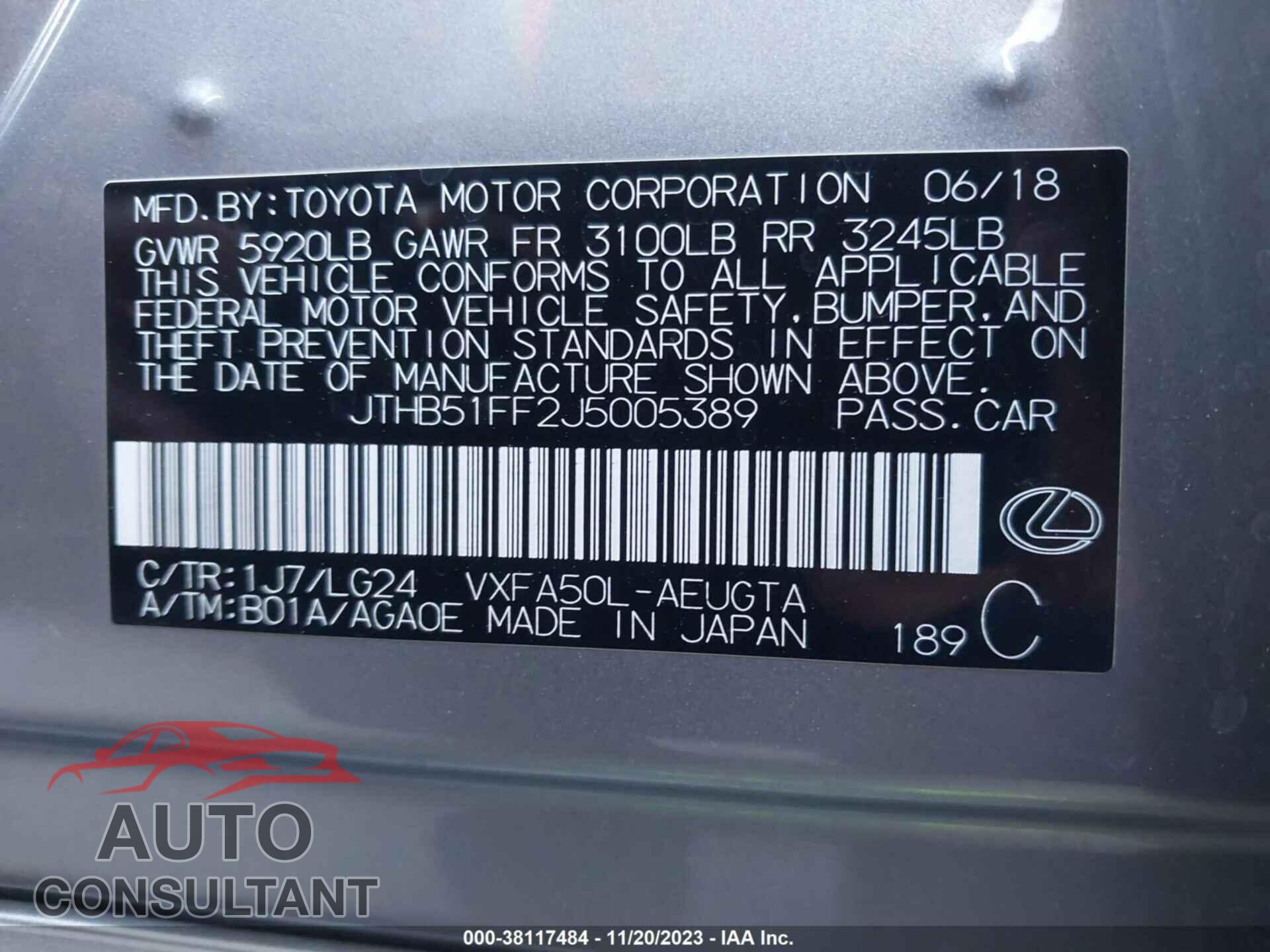 LEXUS LS 500 2018 - JTHB51FF2J5005389