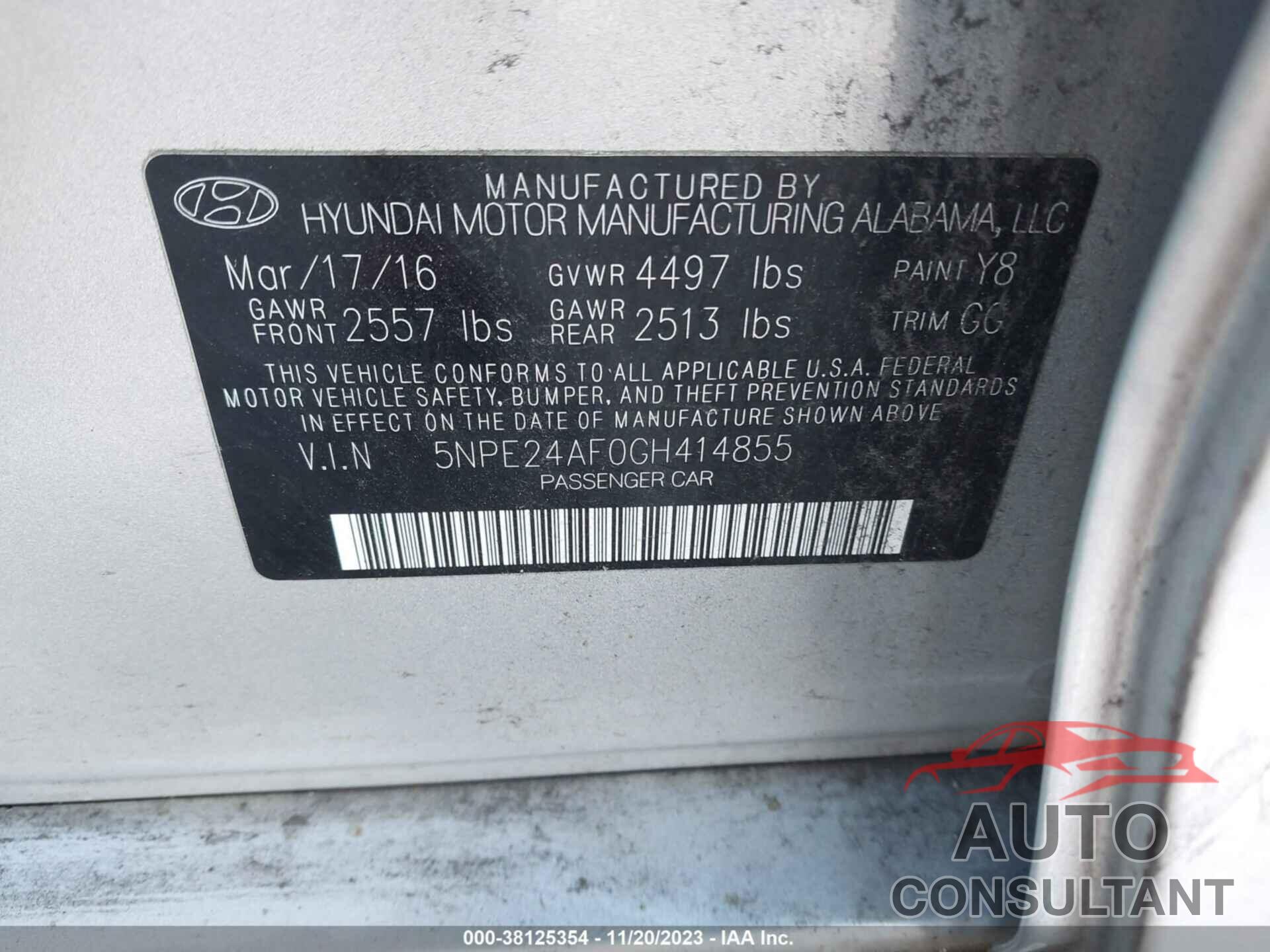 HYUNDAI SONATA 2016 - 5NPE24AF0GH414855