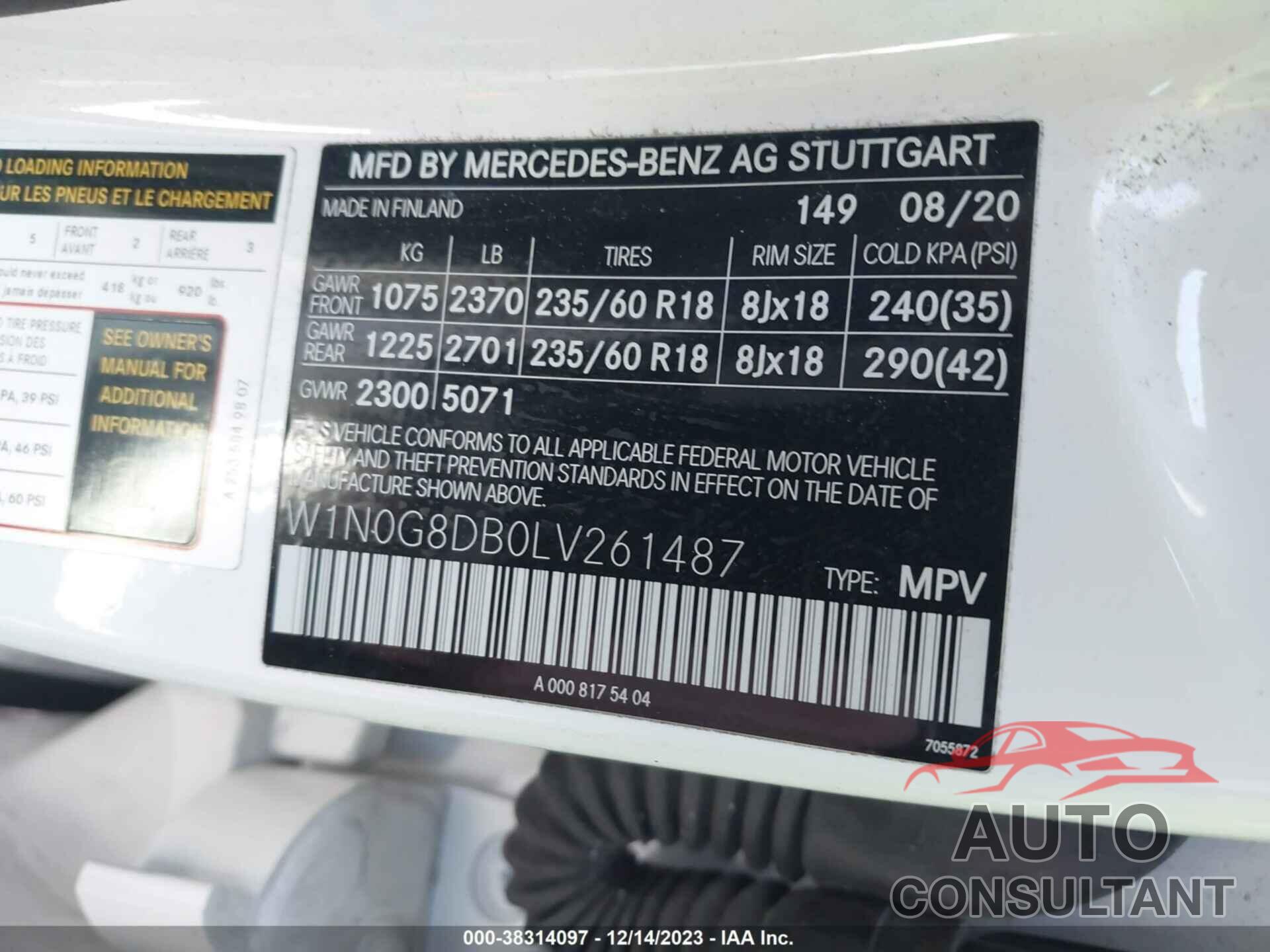 MERCEDES-BENZ GLC 2020 - W1N0G8DB0LV261487