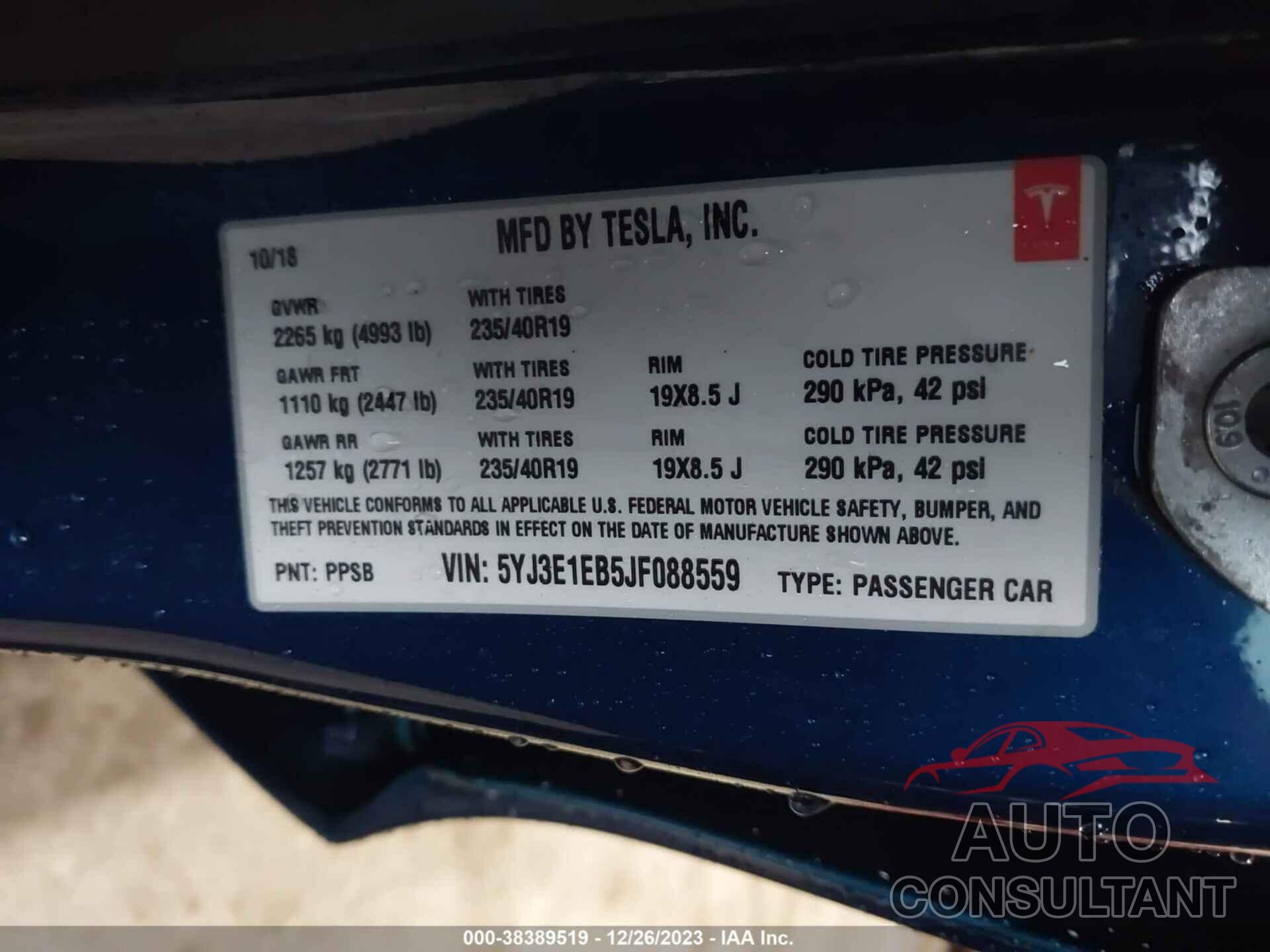 TESLA MODEL 3 2018 - 5YJ3E1EB5JF088559