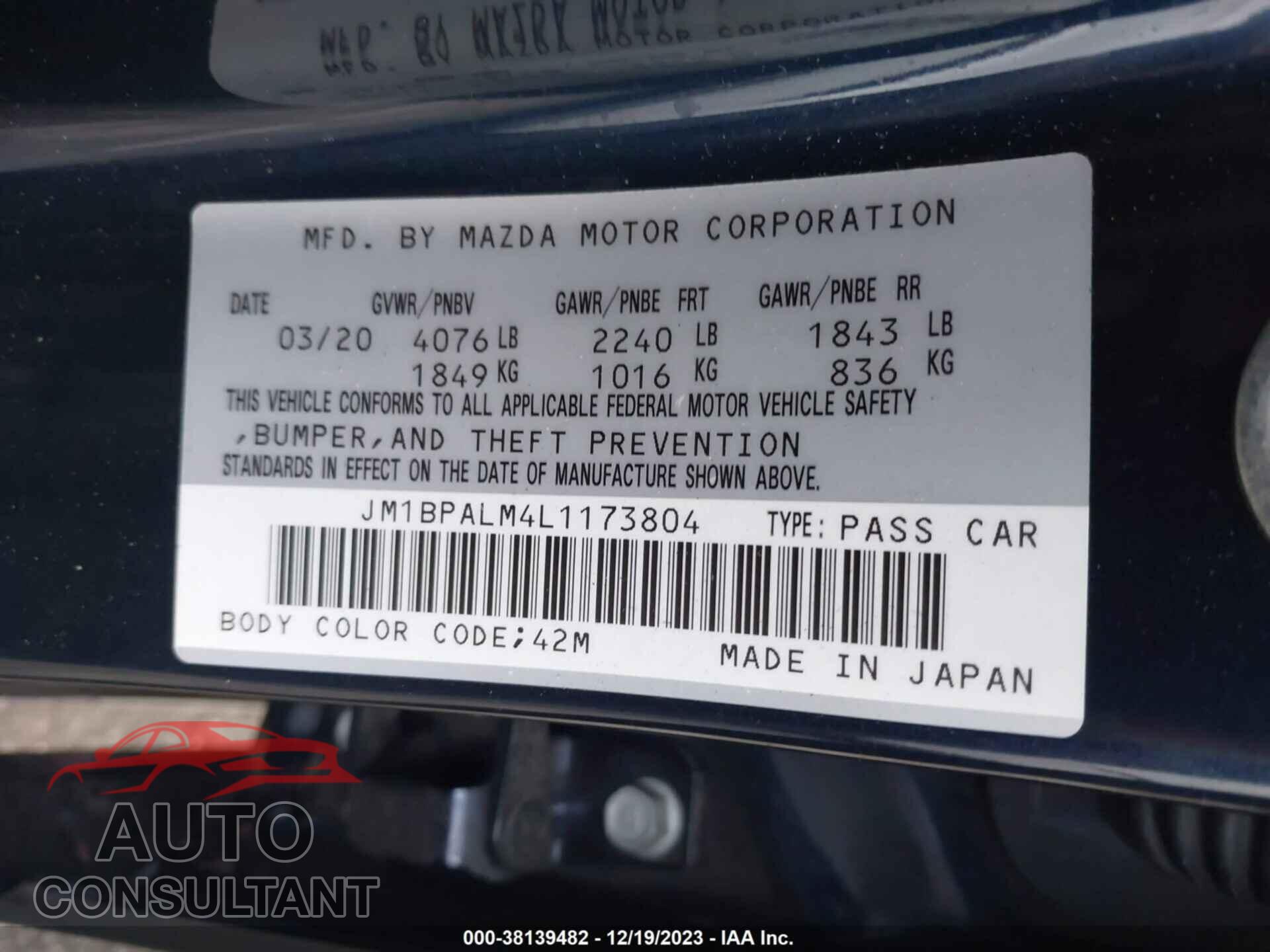 MAZDA MAZDA3 2020 - JM1BPALM4L1173804