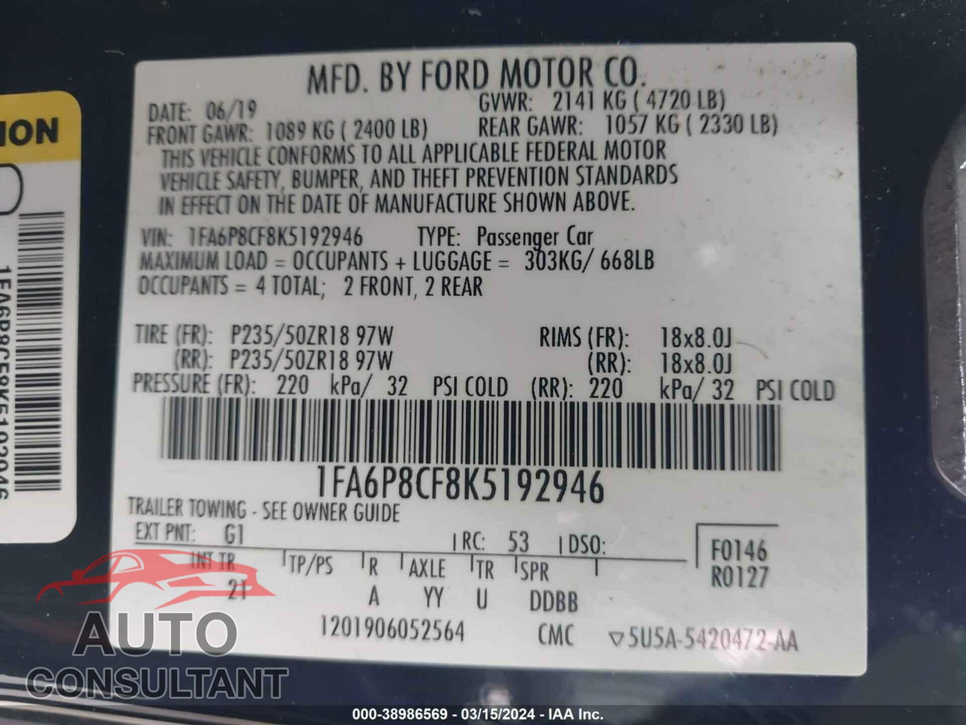 FORD MUSTANG 2019 - 1FA6P8CF8K5192946