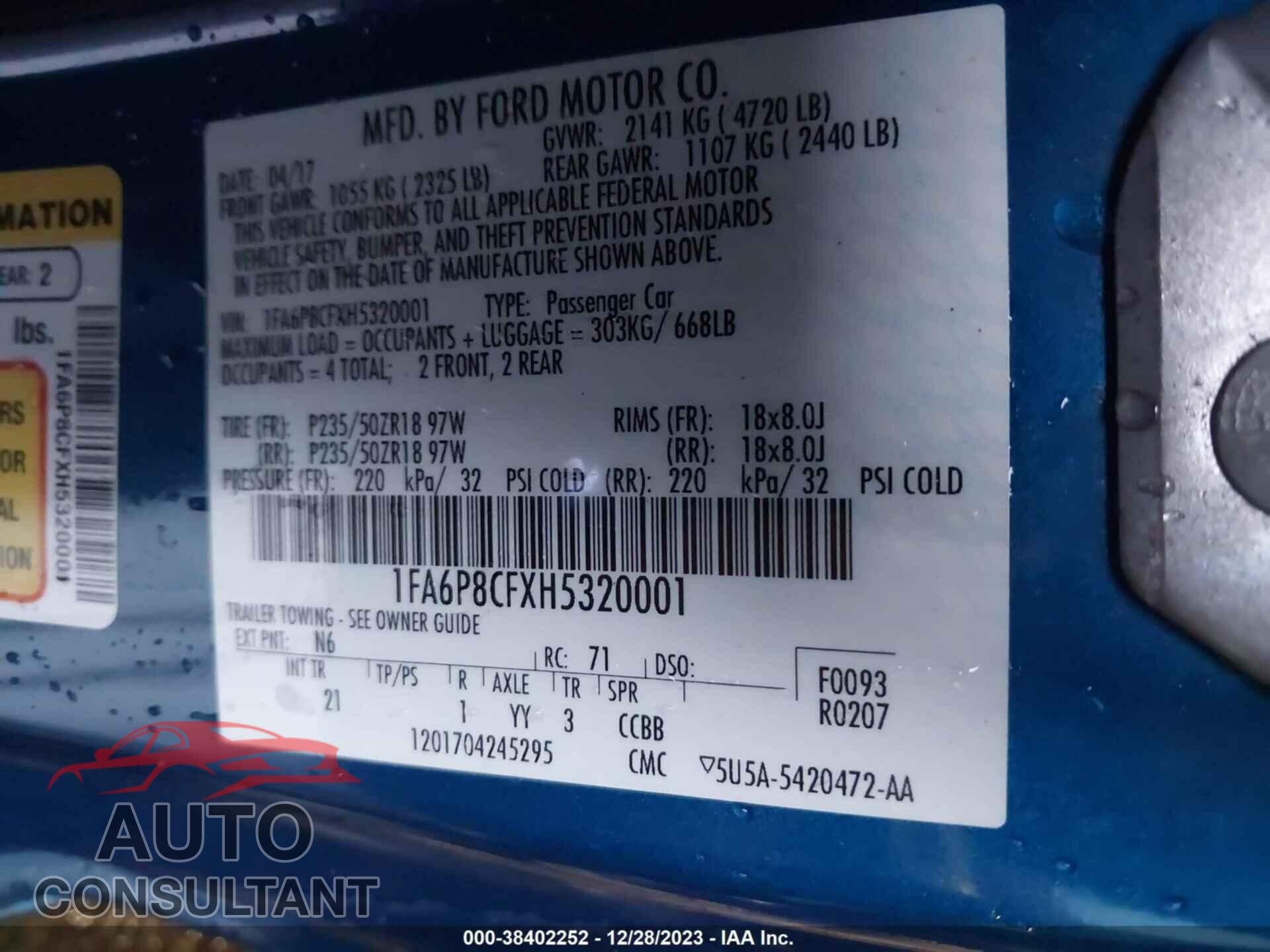 FORD MUSTANG 2017 - 1FA6P8CFXH5320001
