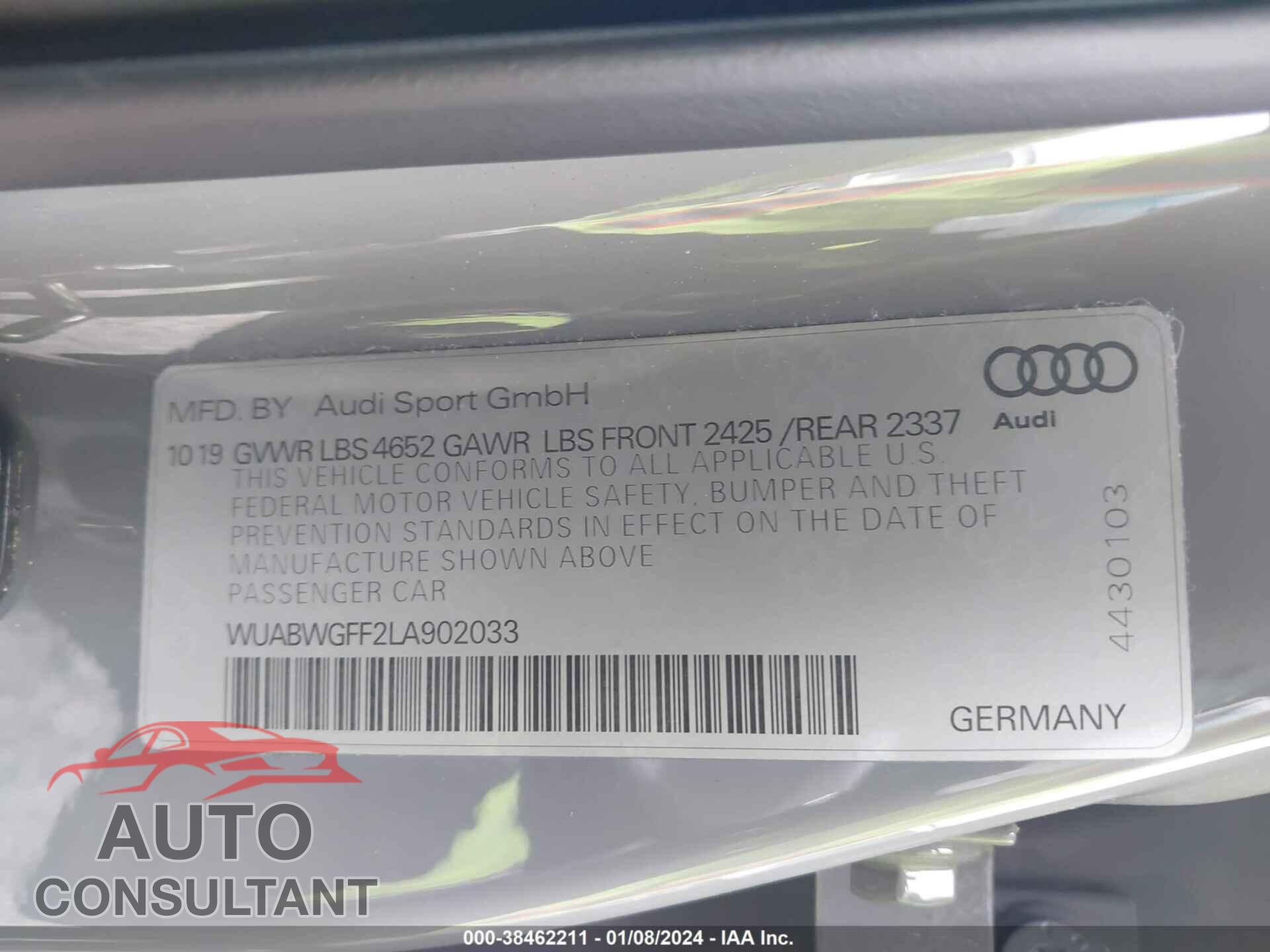 AUDI RS 3 2020 - WUABWGFF2LA902033