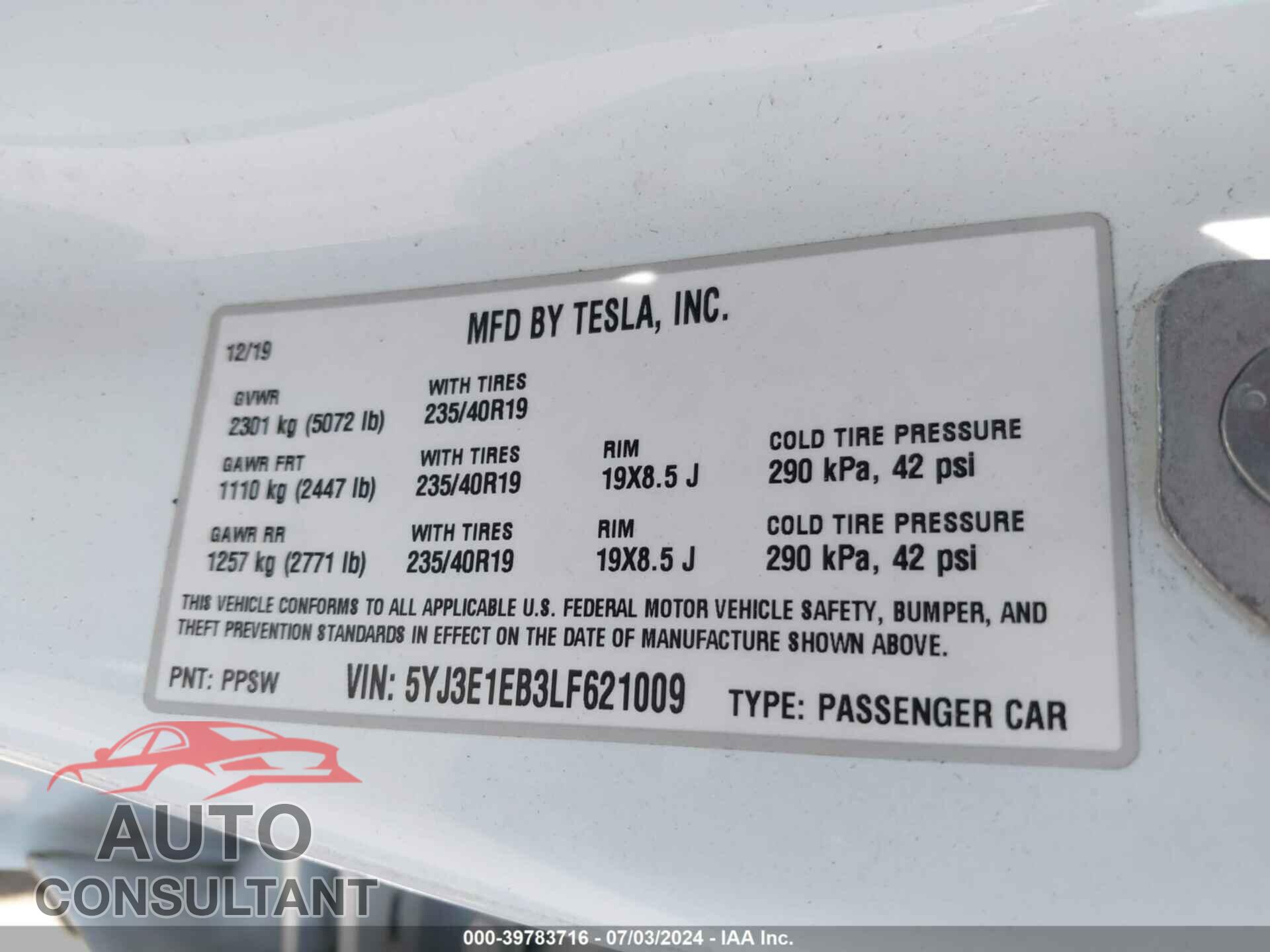 TESLA MODEL 3 2020 - 5YJ3E1EB3LF621009
