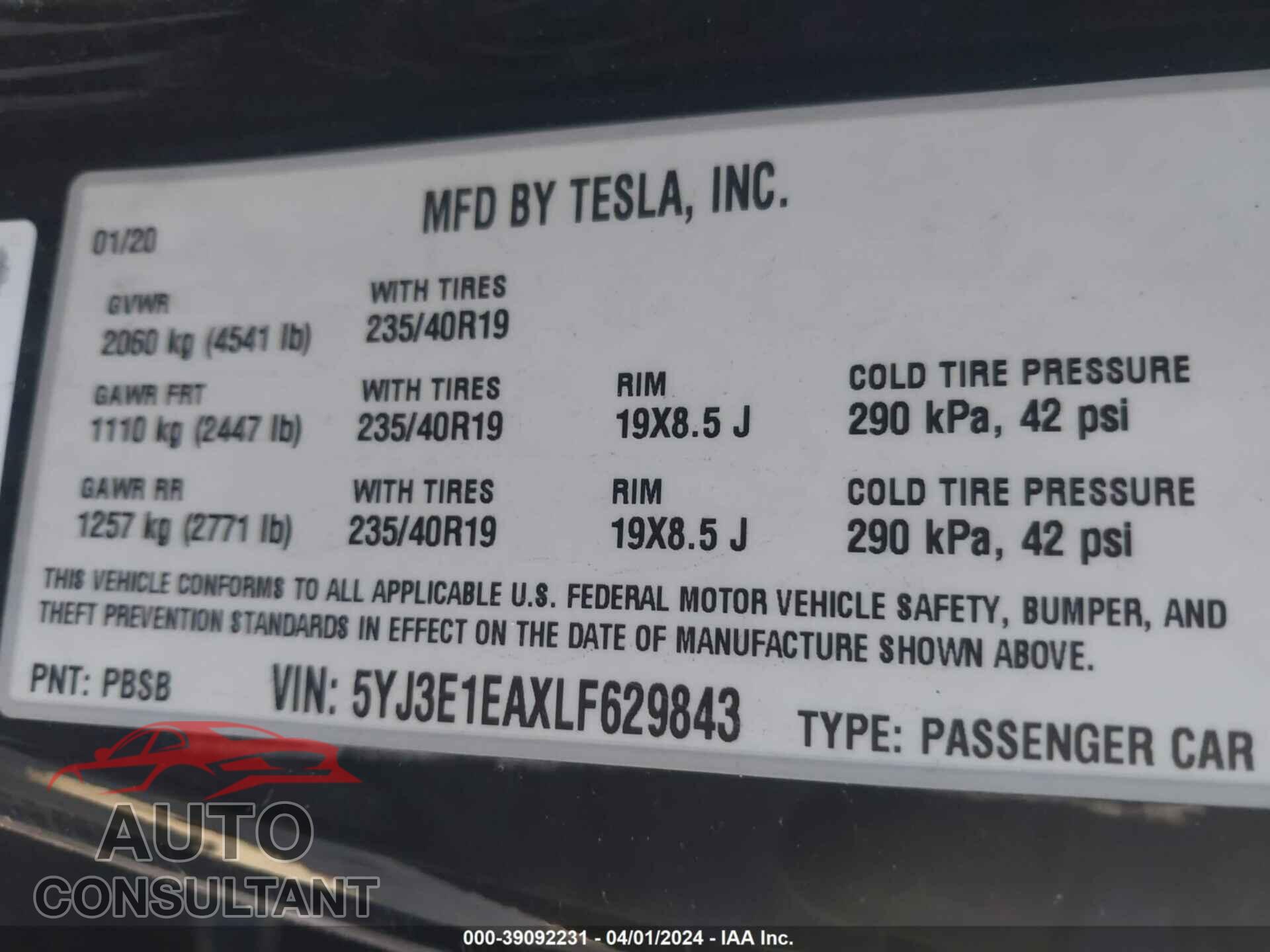 TESLA MODEL 3 2020 - 5YJ3E1EAXLF629843