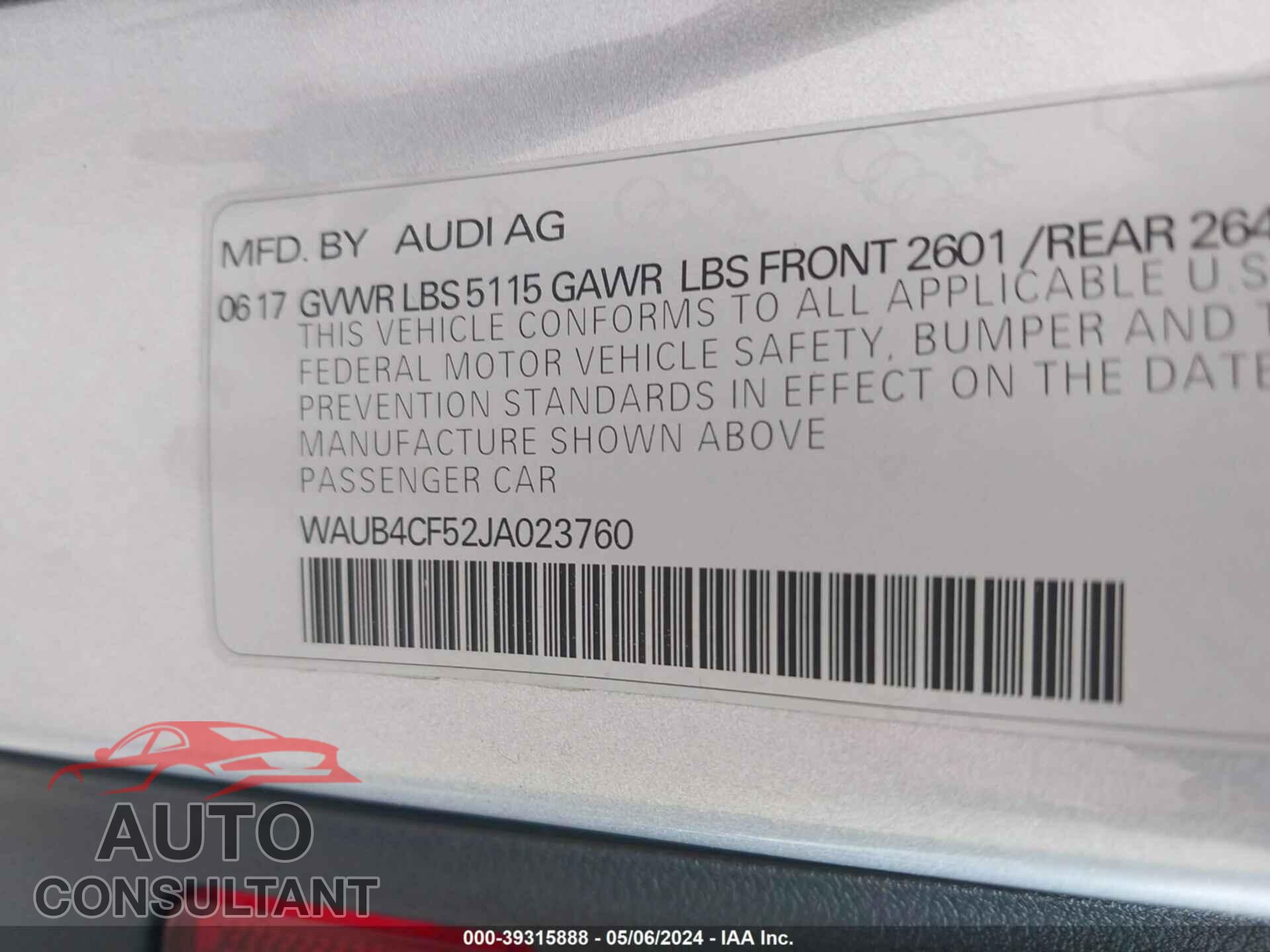 AUDI S5 2018 - WAUB4CF52JA023760