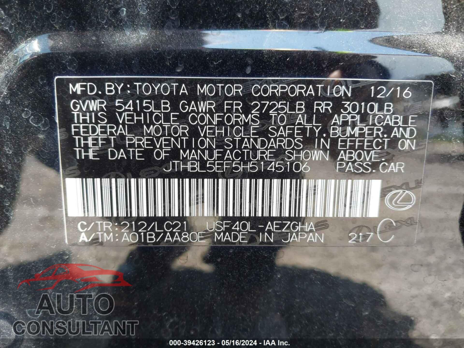 LEXUS LS 460 2017 - JTHBL5EF5H5145106