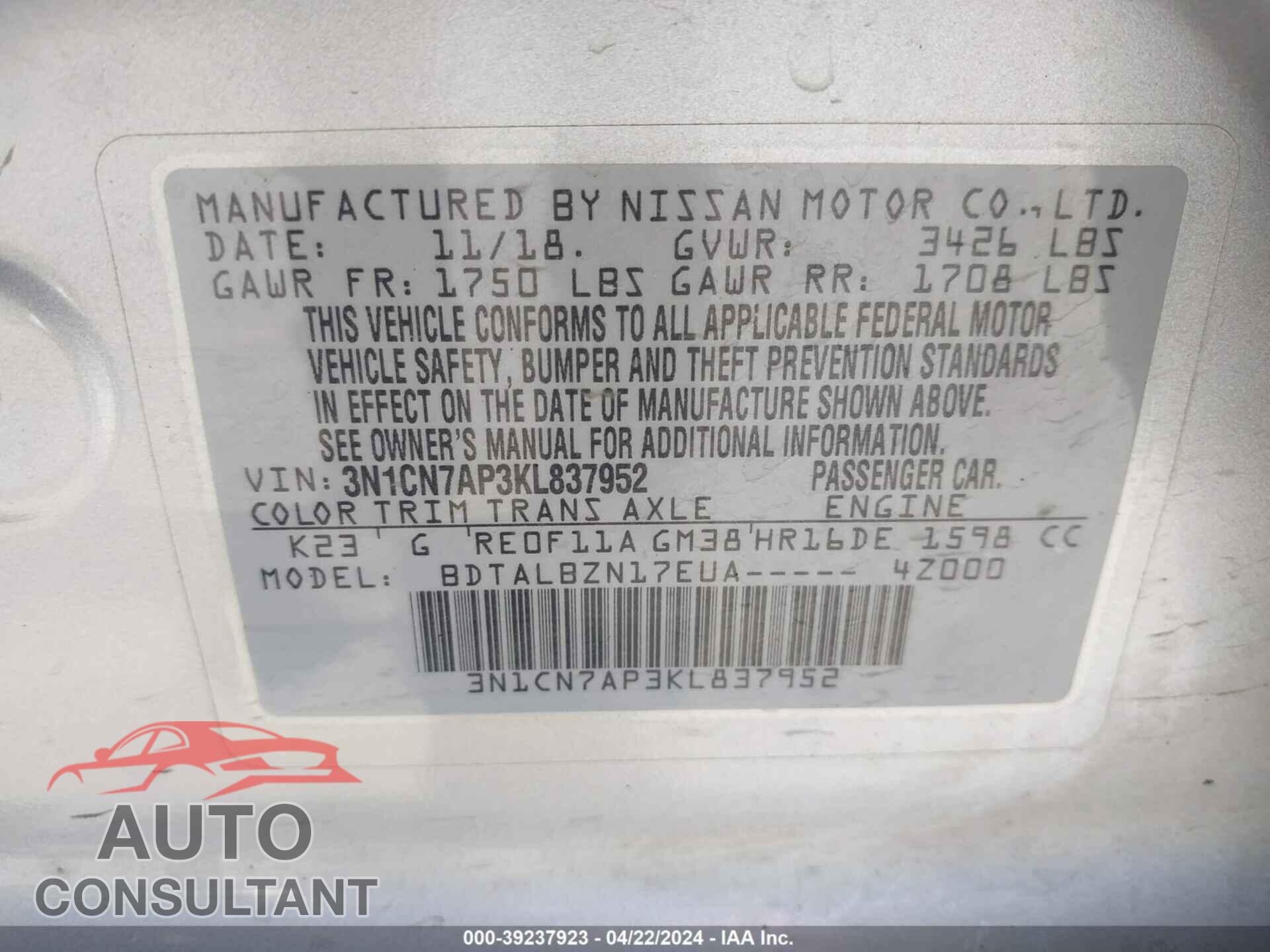NISSAN VERSA 2019 - 3N1CN7AP3KL837952