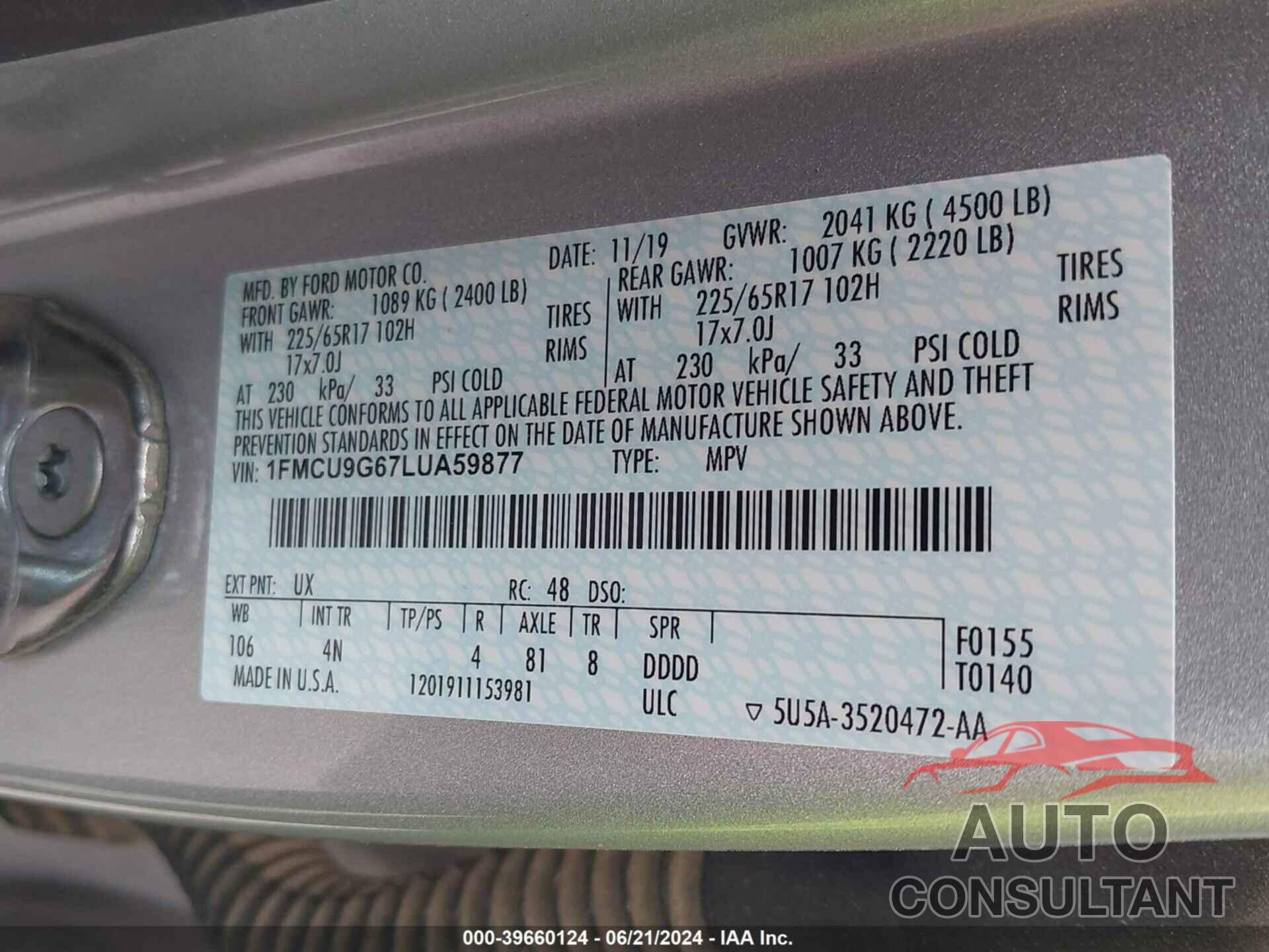 FORD ESCAPE 2020 - 1FMCU9G67LUA59877