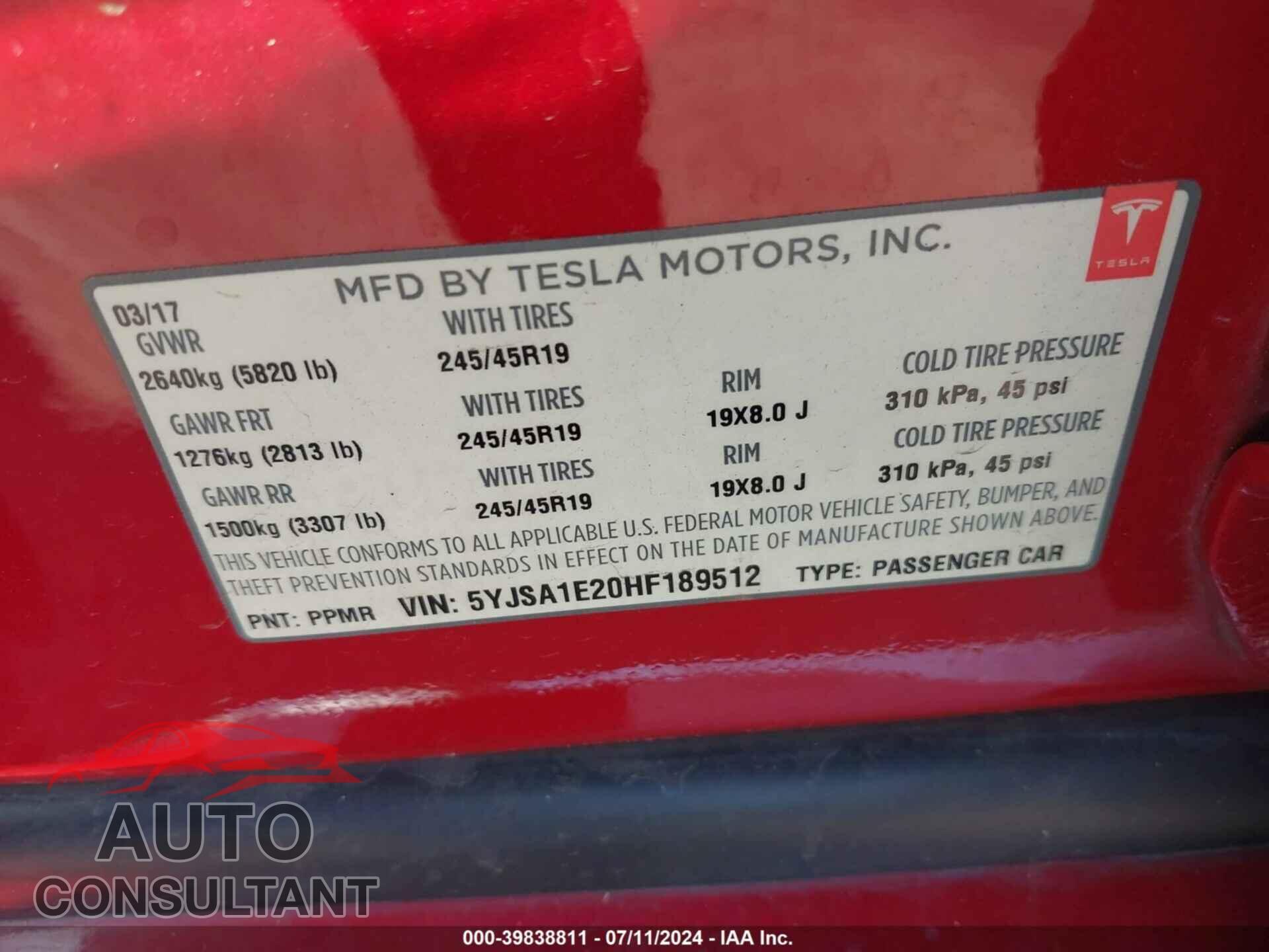 TESLA MODEL S 2017 - 5YJSA1E20HF189512