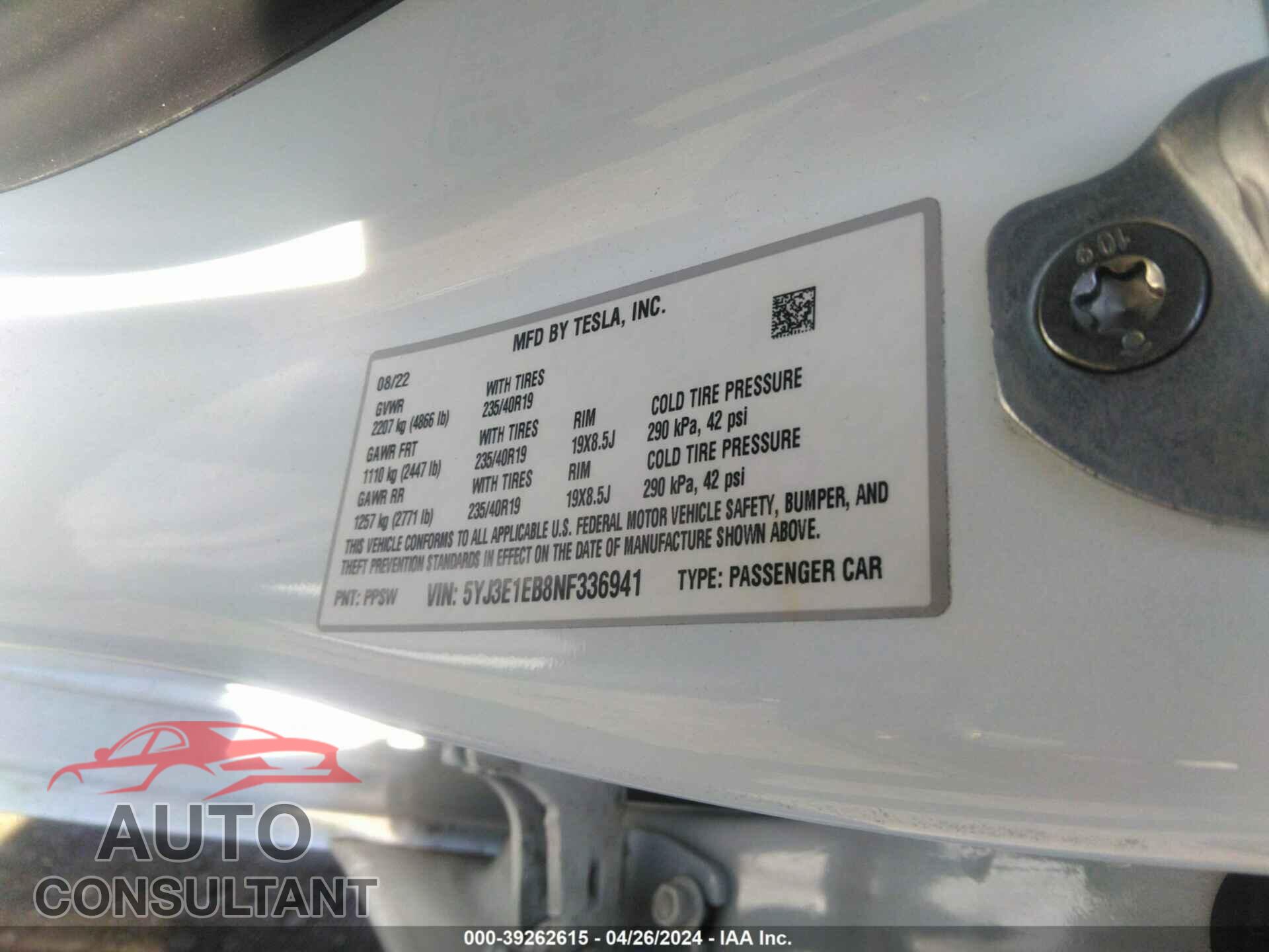 TESLA MODEL 3 2022 - 5YJ3E1EB8NF336941