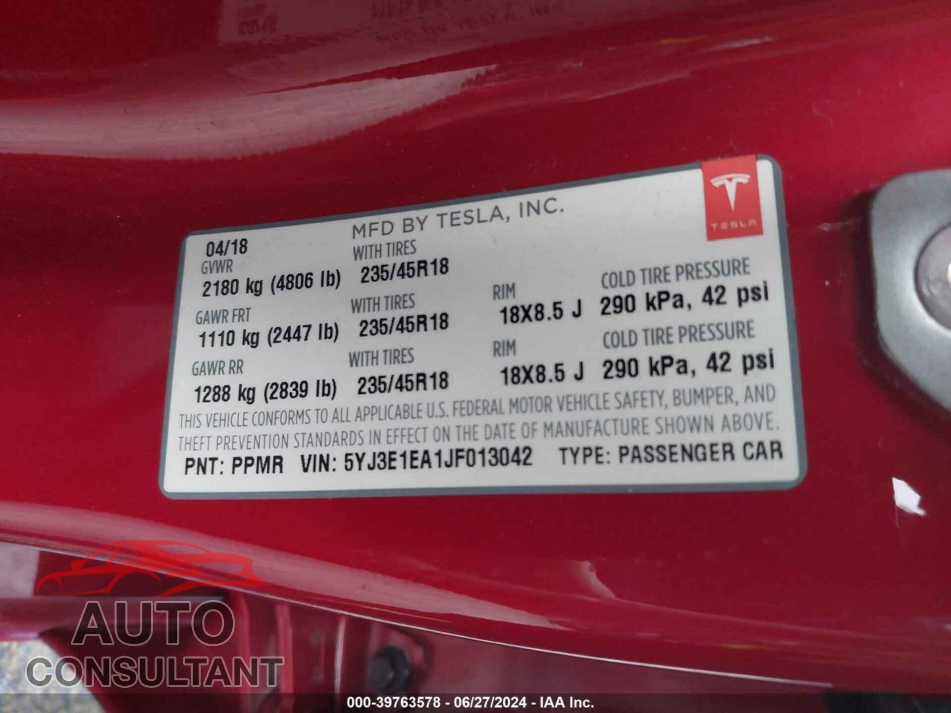 TESLA MODEL 3 2018 - 5YJ3E1EA1JF013042