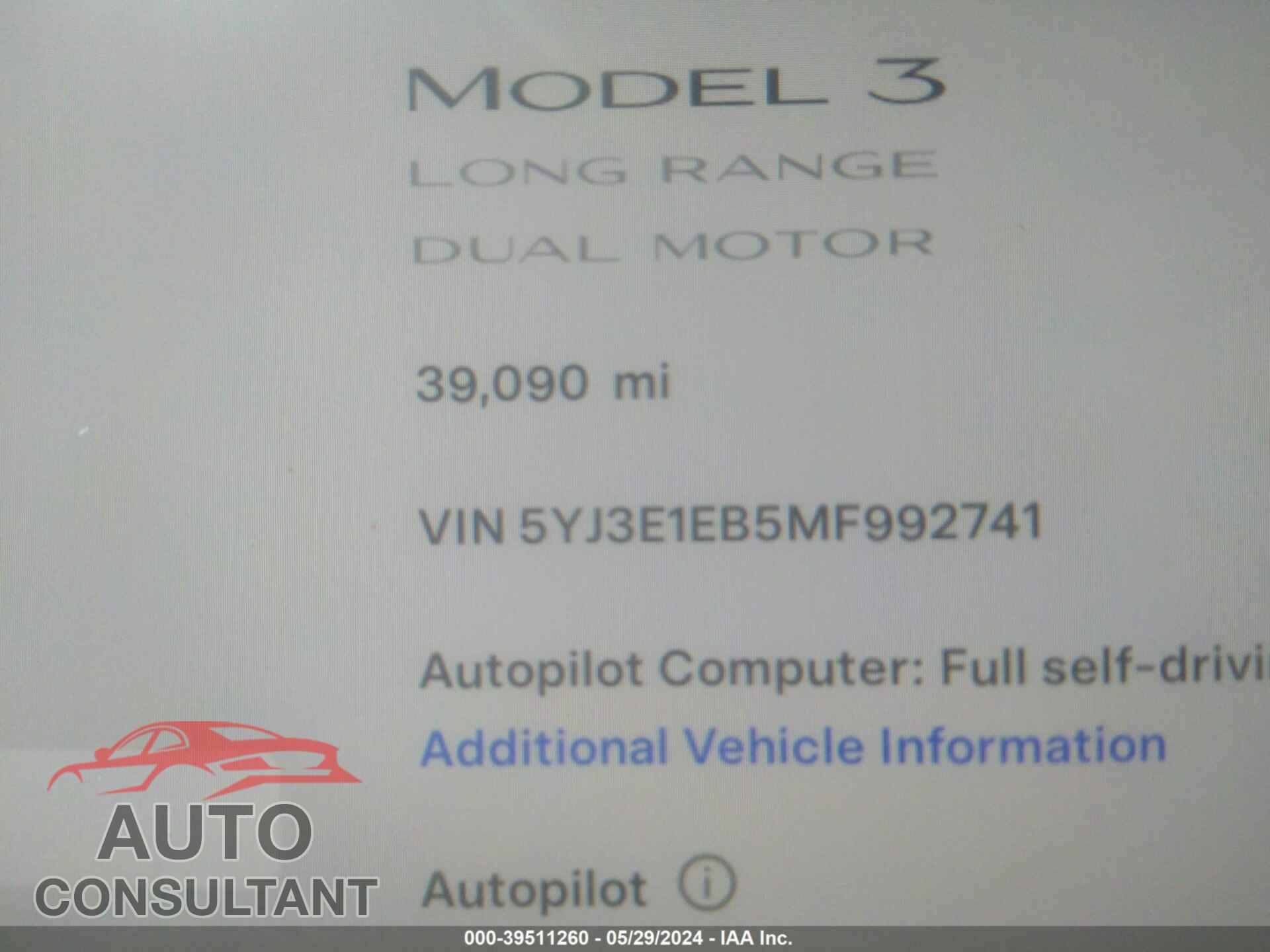 TESLA MODEL 3 2021 - 5YJ3E1EB5MF992741