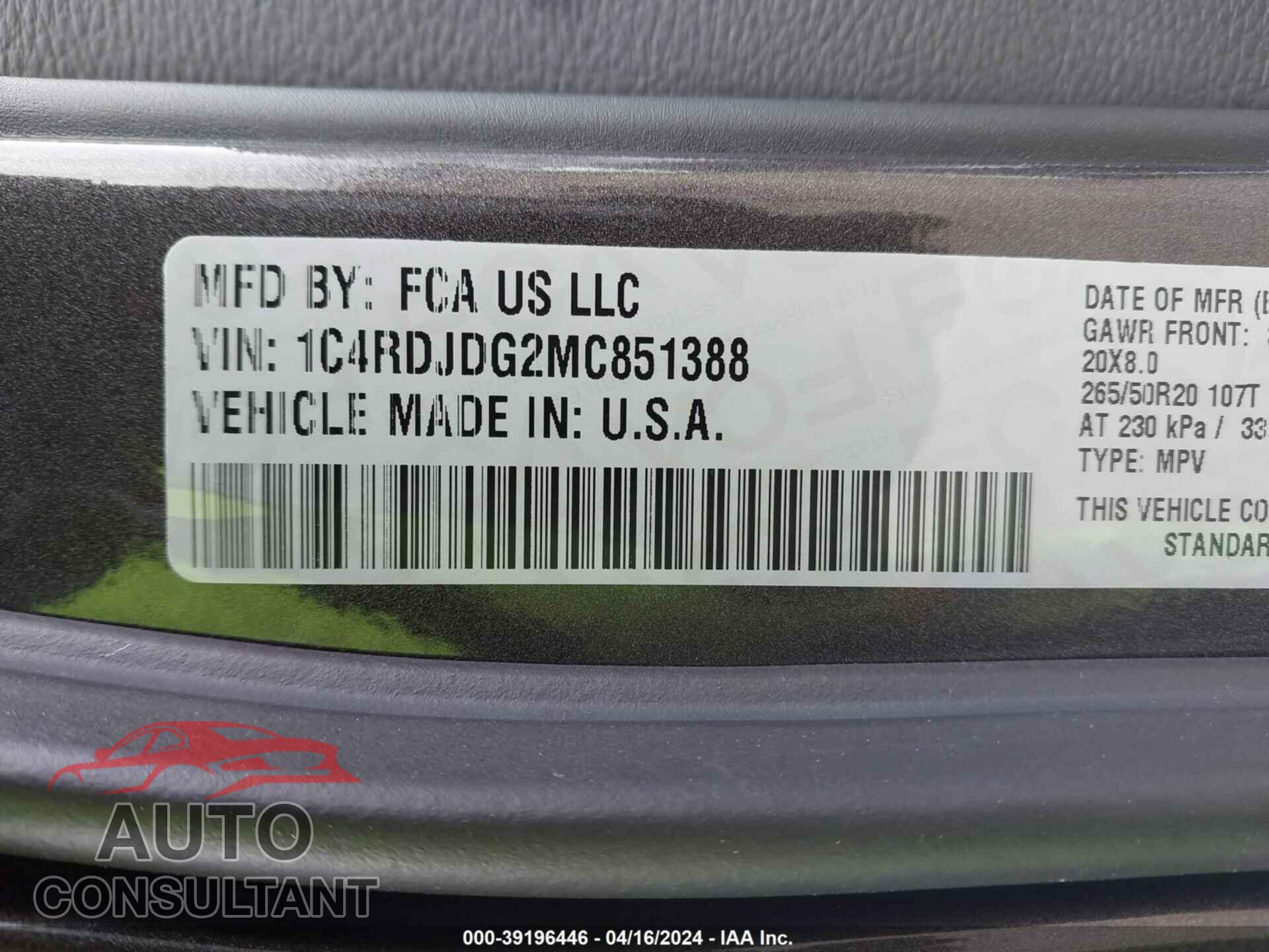 DODGE DURANGO 2021 - 1C4RDJDG2MC851388