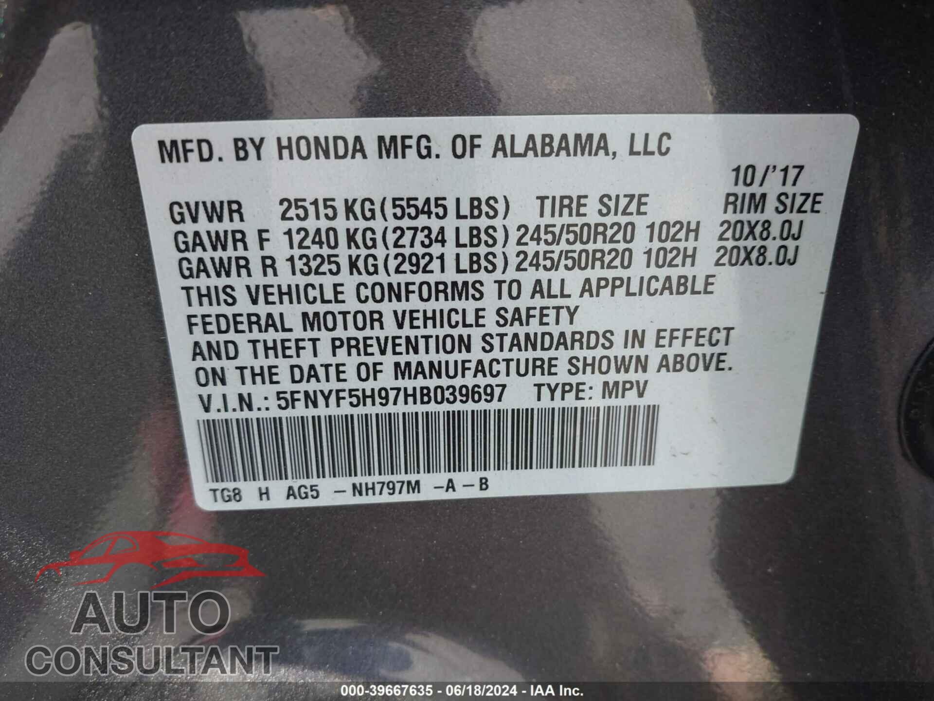 HONDA PILOT 2017 - 5FNYF5H97HB039697