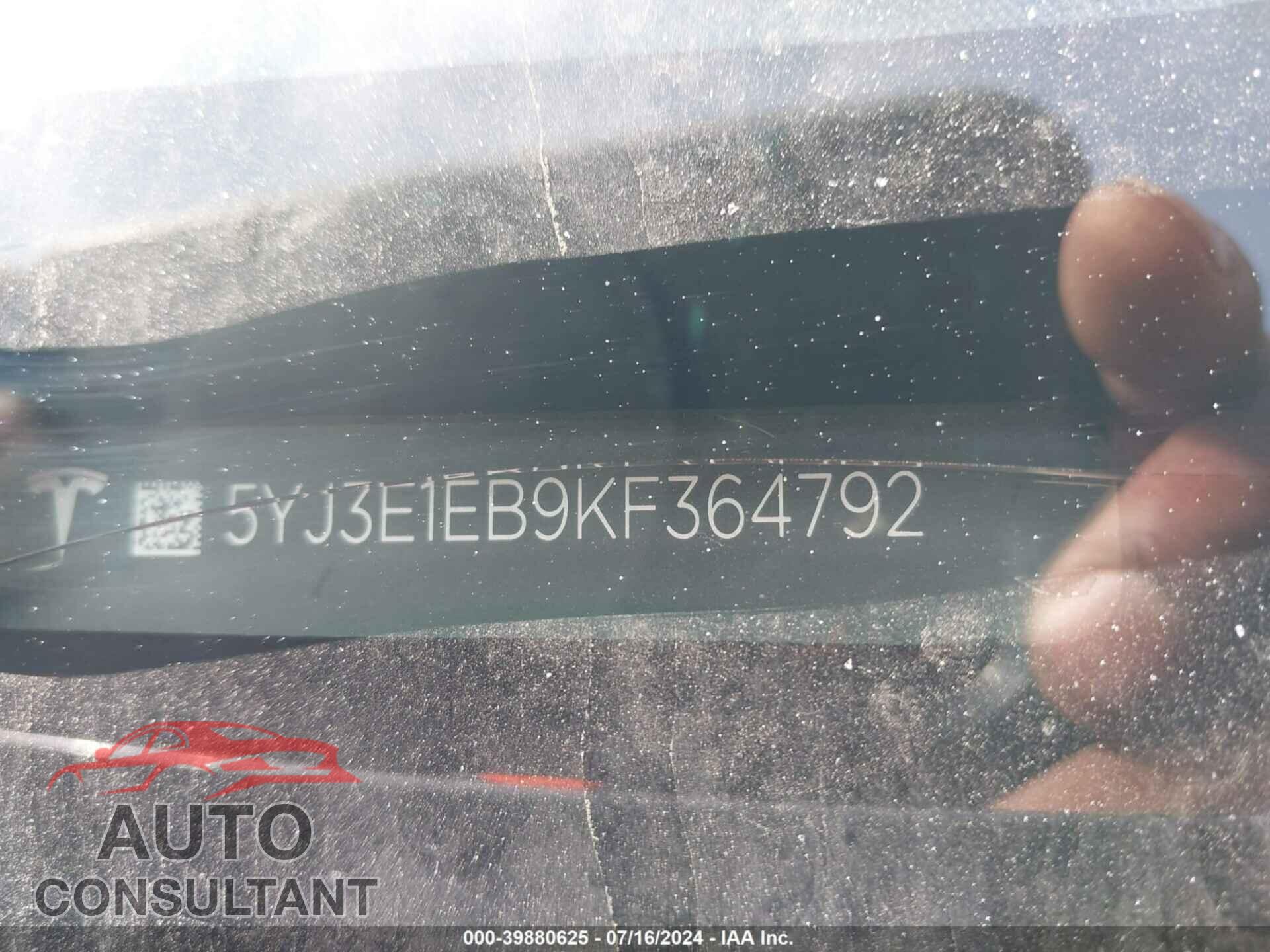 TESLA MODEL 3 2019 - 5YJ3E1EB9KF364792