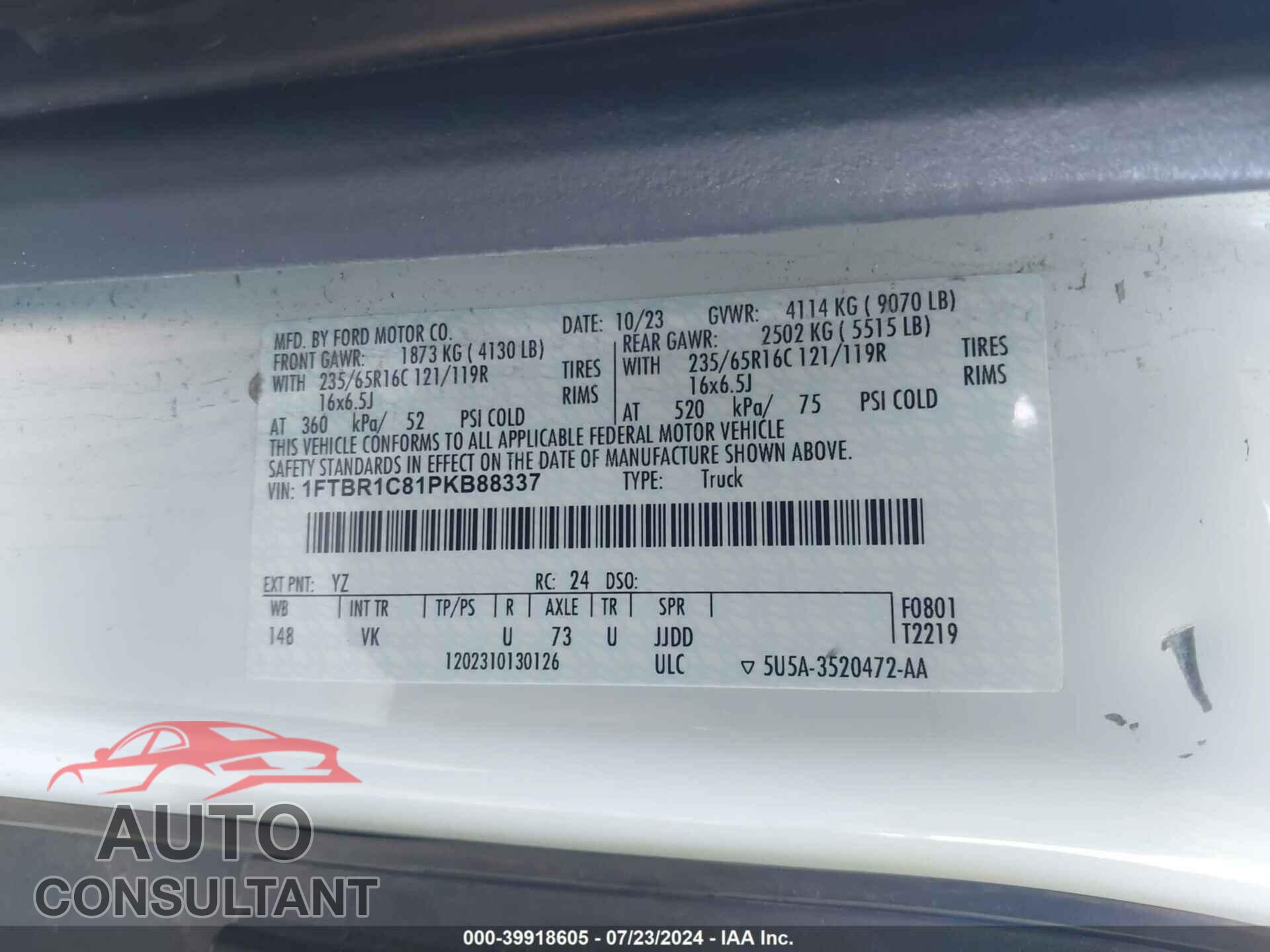 FORD TRANSIT 2023 - 1FTBR1C81TKB88337