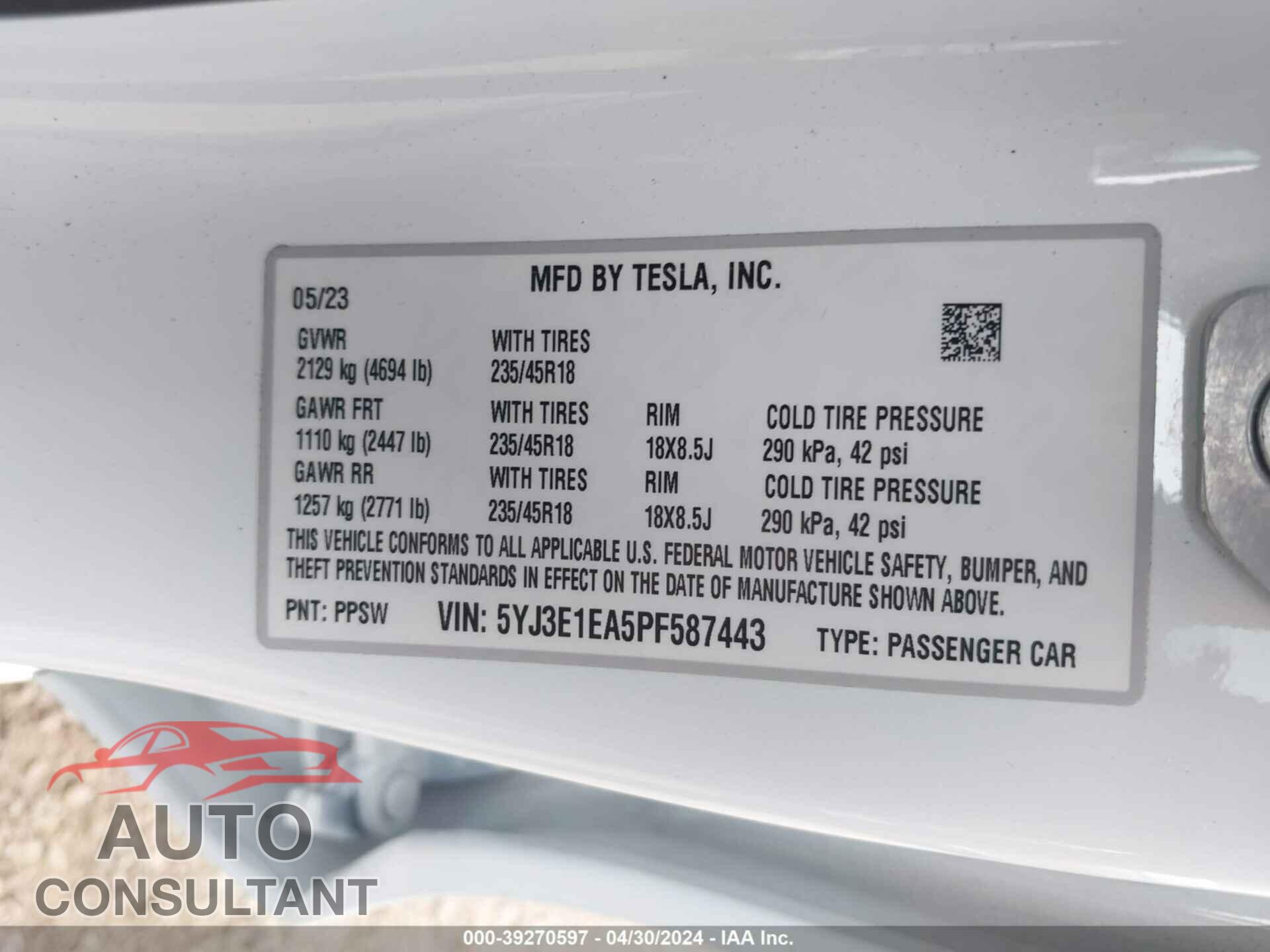 TESLA MODEL 3 2023 - 5YJ3E1EA5PF587443