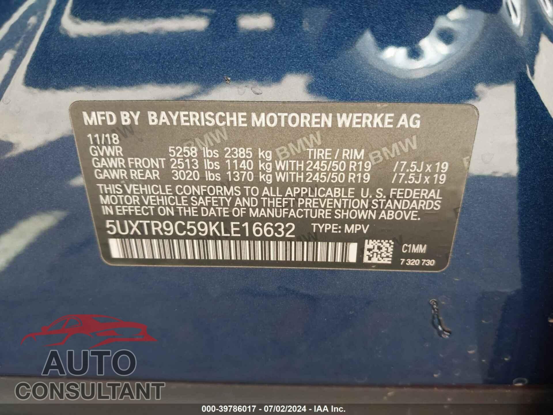 BMW X3 2019 - 5UXTR9C59KLE16632