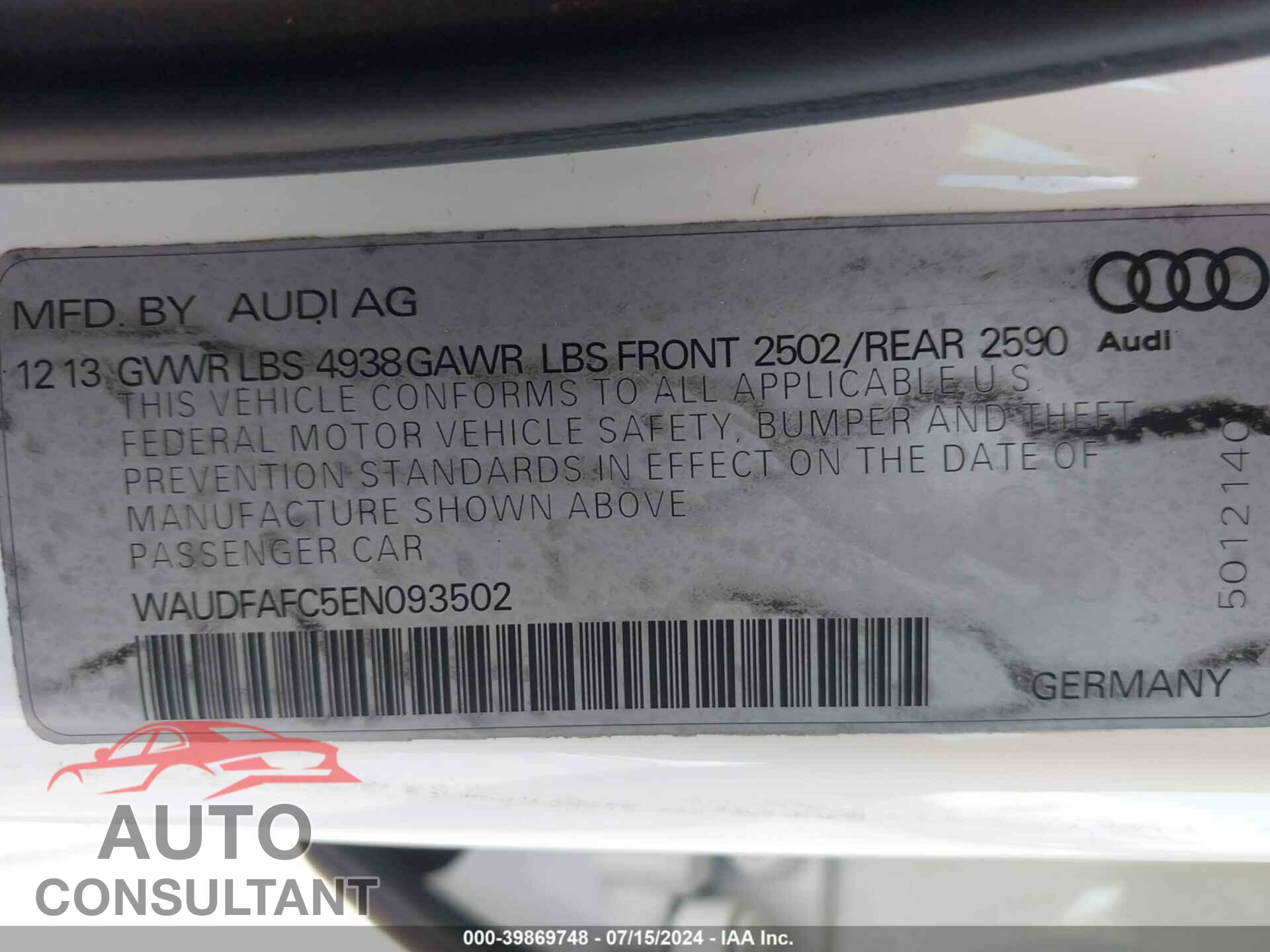 AUDI A6 2014 - WAUDFAFC5EN093502