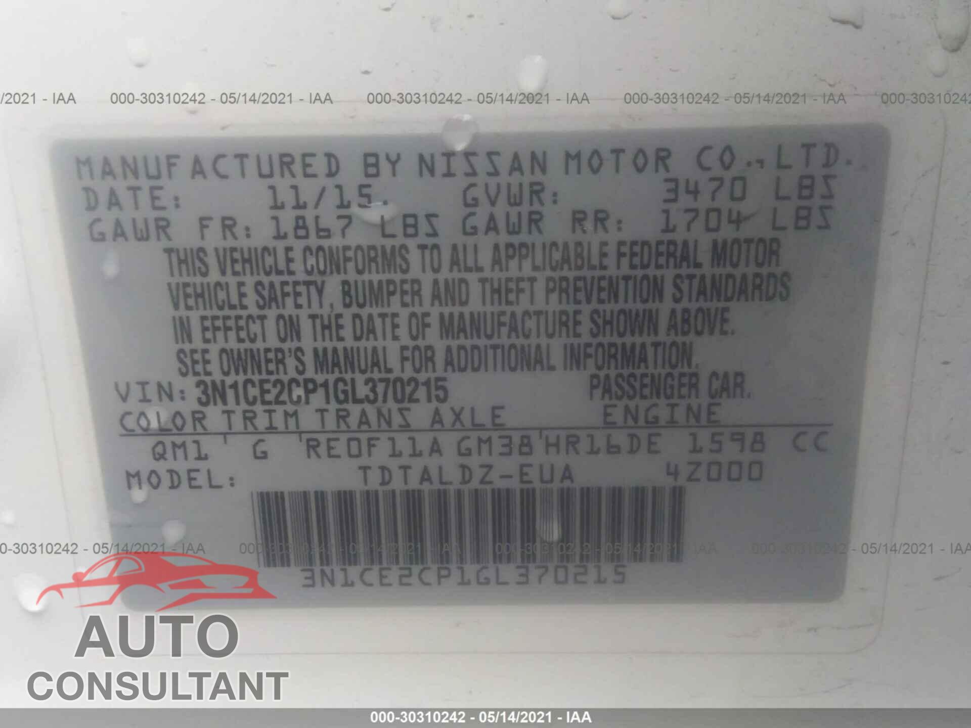 NISSAN VERSA NOTE 2016 - 3N1CE2CP1GL370215